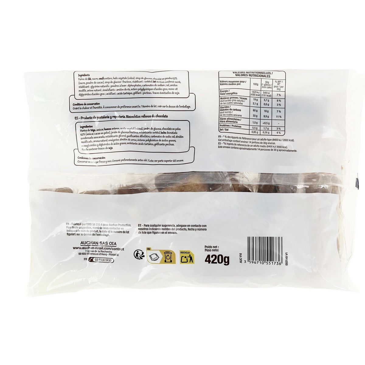 POUCE Mini cakes fourrés au chocolat 420g