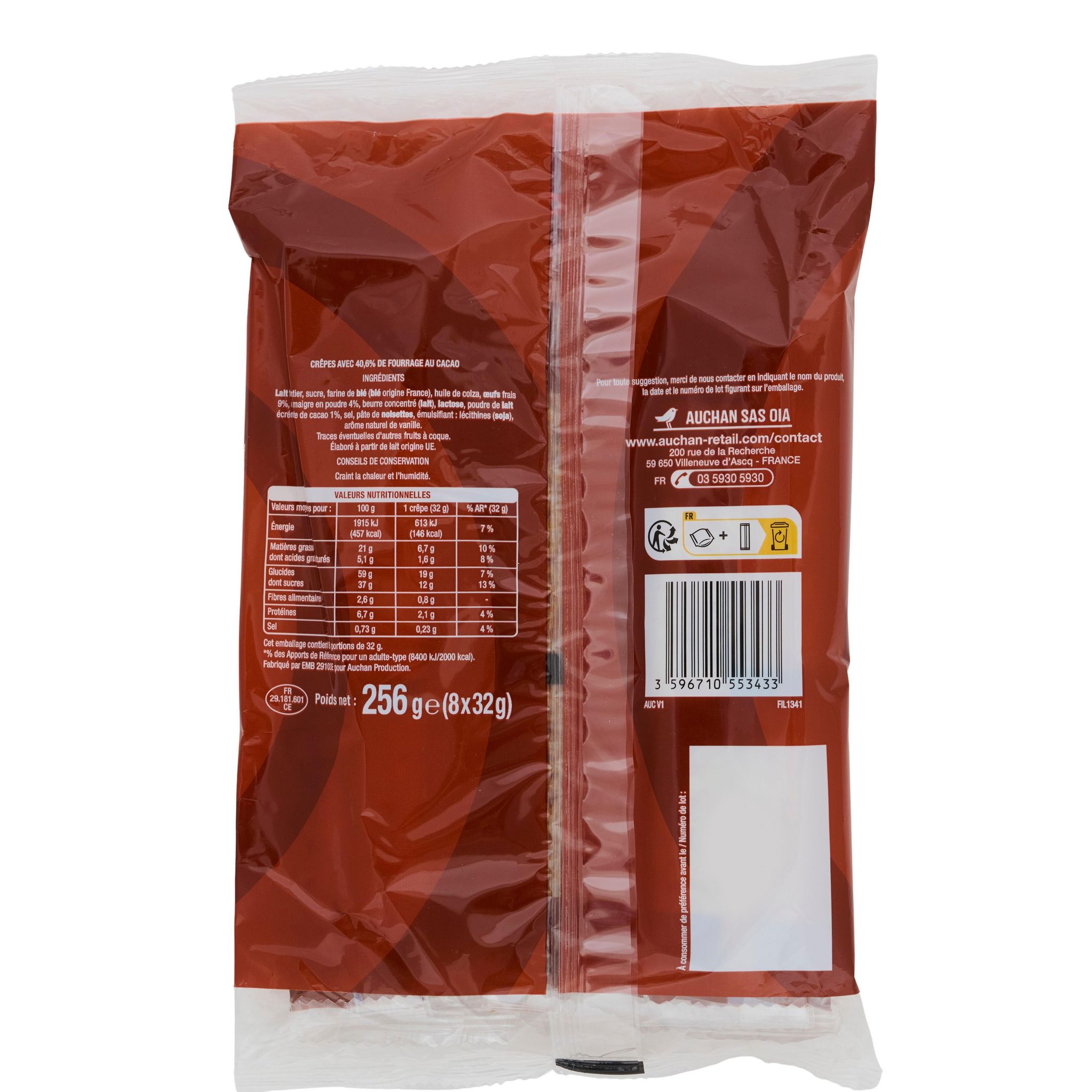 Voir la diapositive 2 : AUCHAN Crêpes fourrées au chocolat 8 crêpes 256g