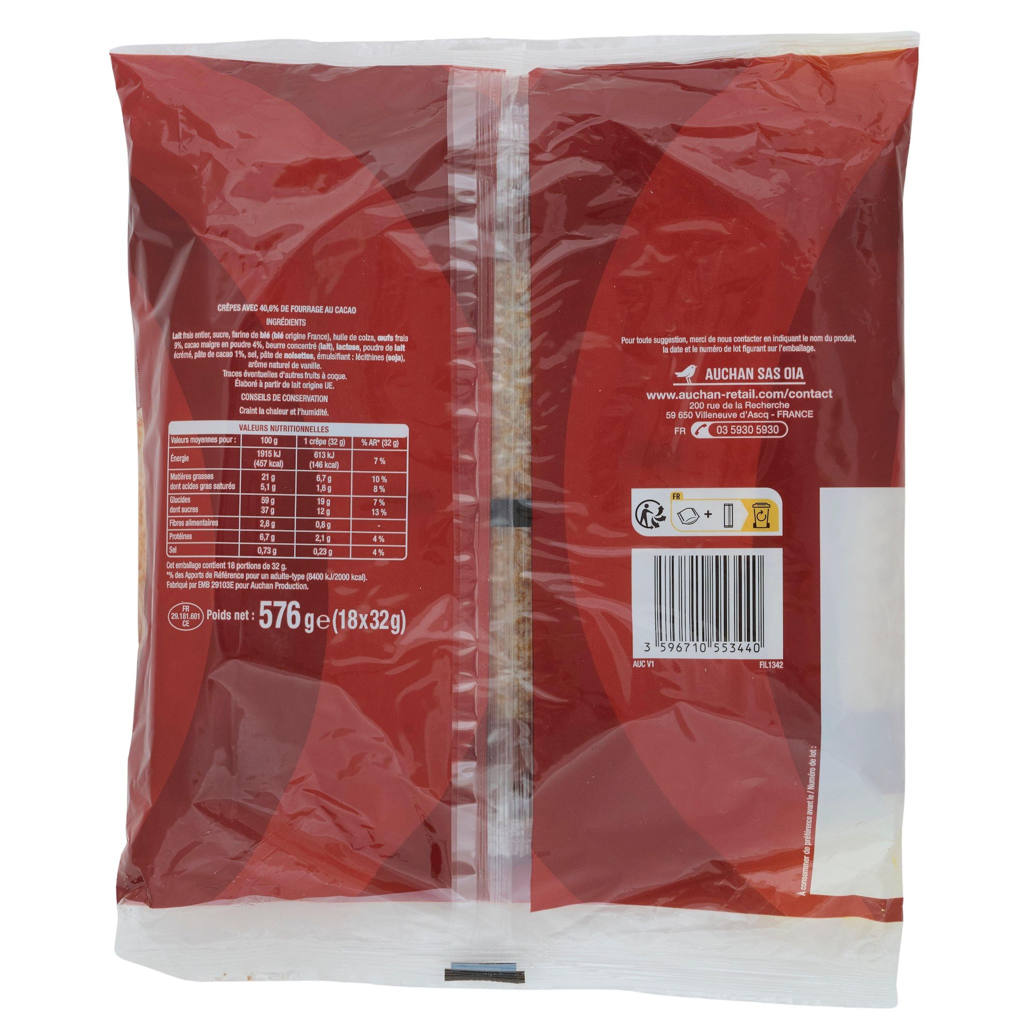 Voir la diapositive 2 : AUCHAN Crêpes fourrées au chocolat format familial 18 crêpes 576g