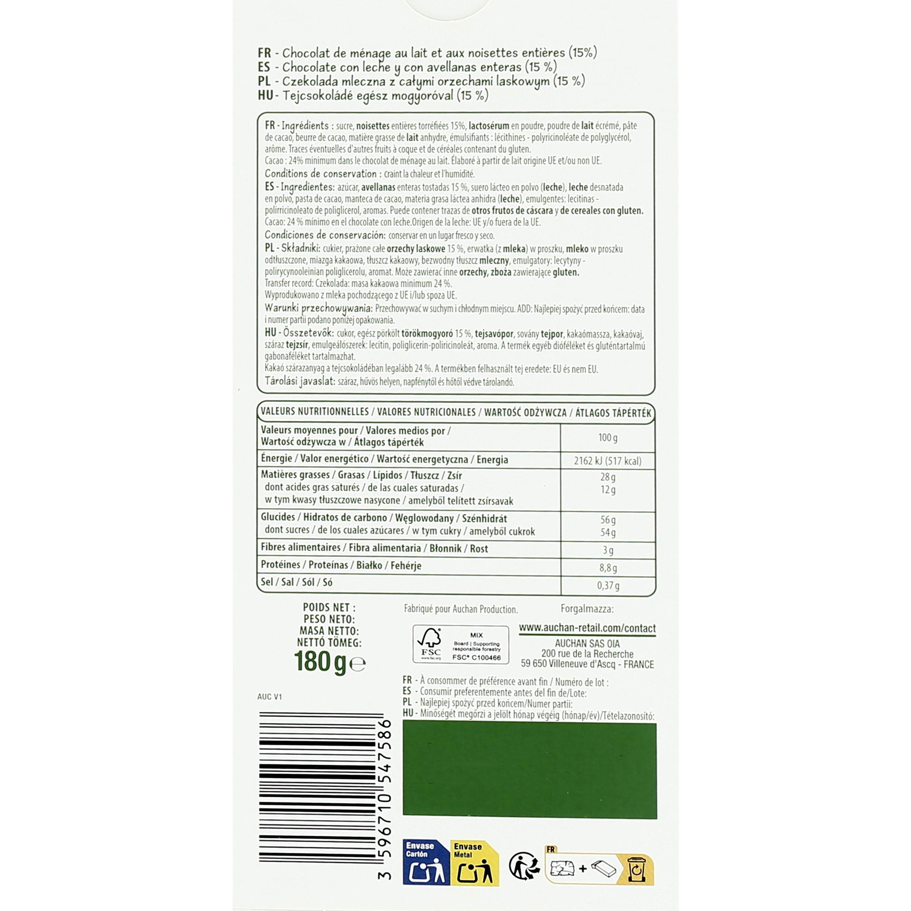 Voir la diapositive 2 : POUCE Tablette de chocolat au lait noisettes entières 180g