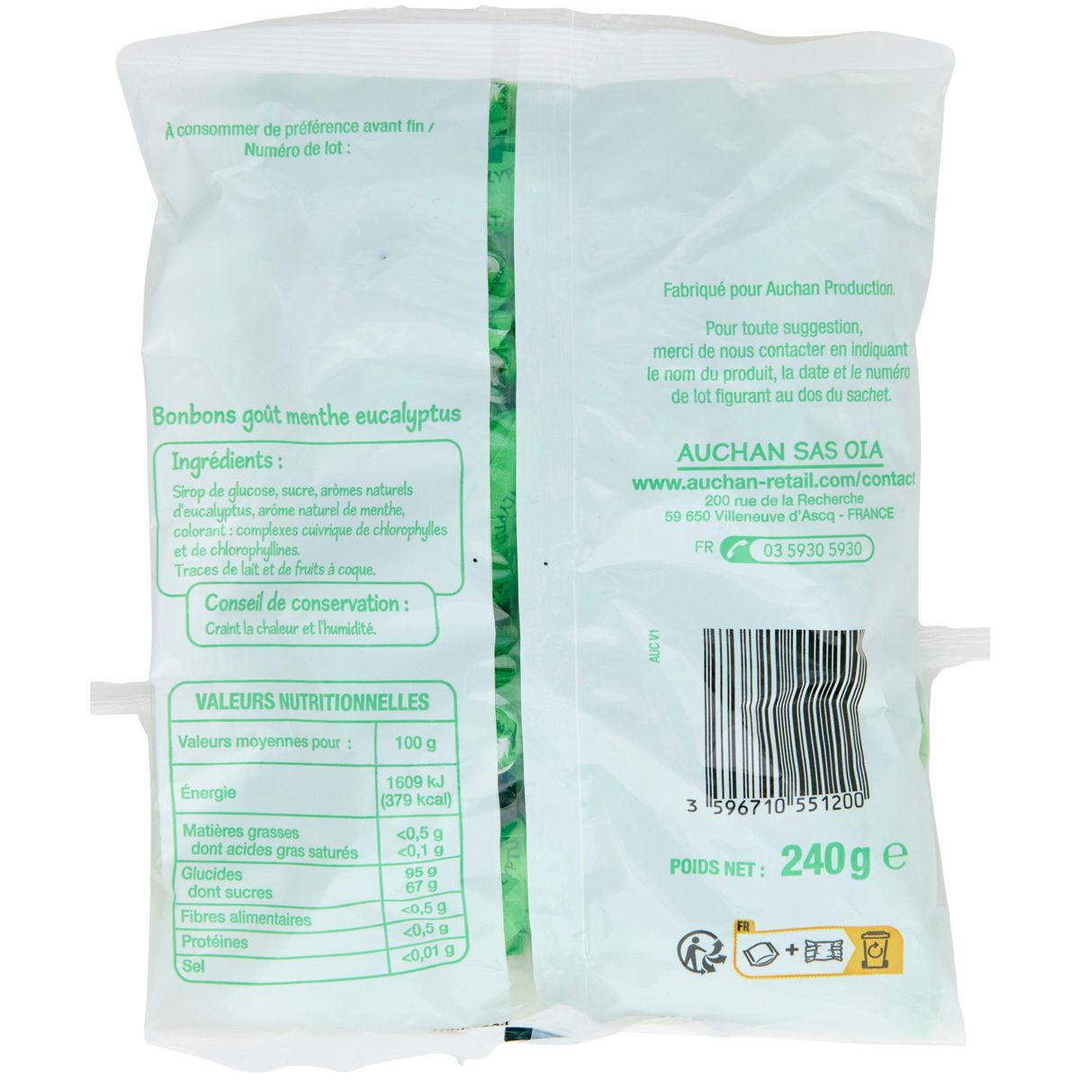 POUCE Bonbons goût menthe eucalyptus 240g