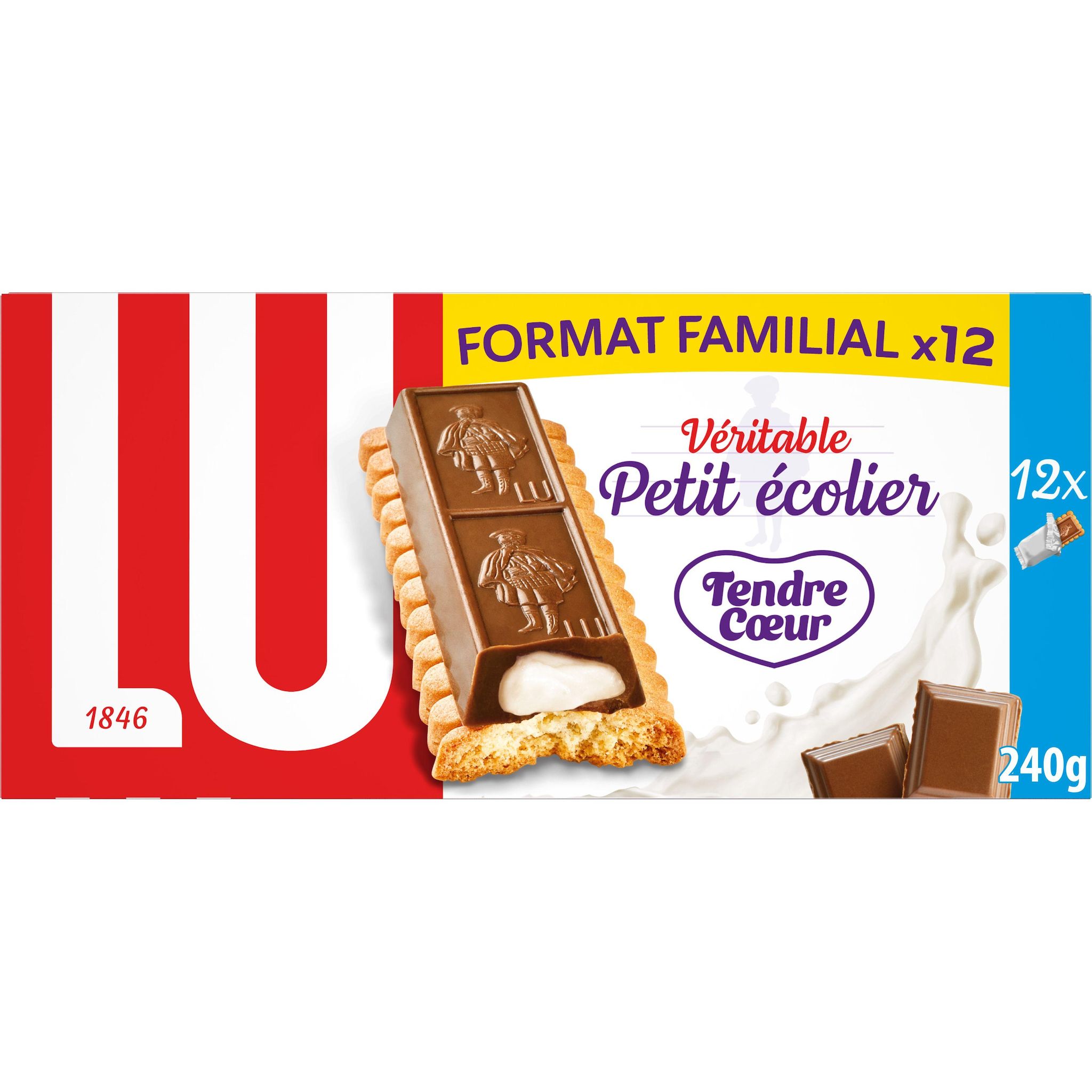 PETIT ECOLIER Biscuits avec une tablette de chocolat au lait et fourrage au lait 240g