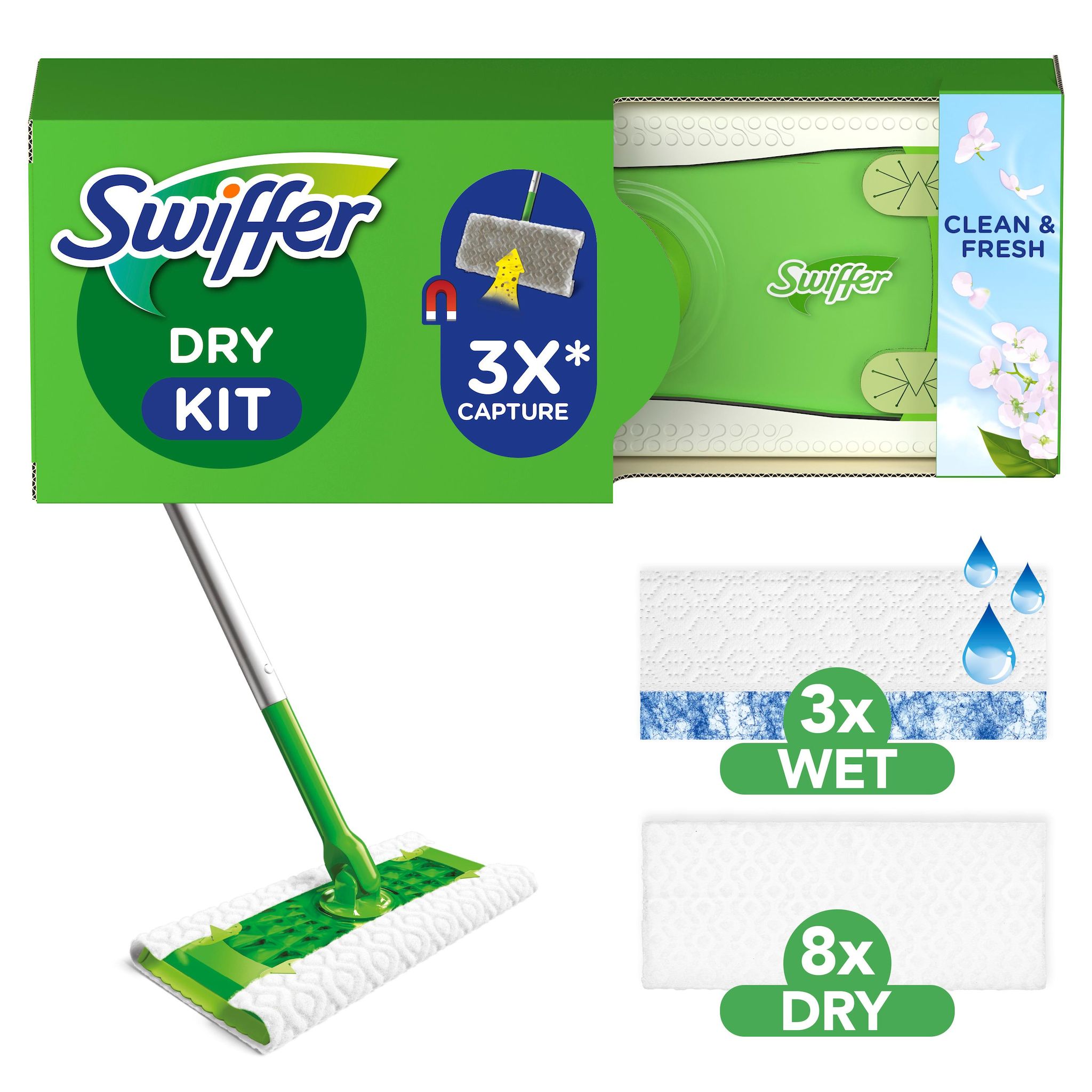 SWIFFER Balai attrape-poussière kit de démarrage lingettes sèches et imprégnées 1 pièce