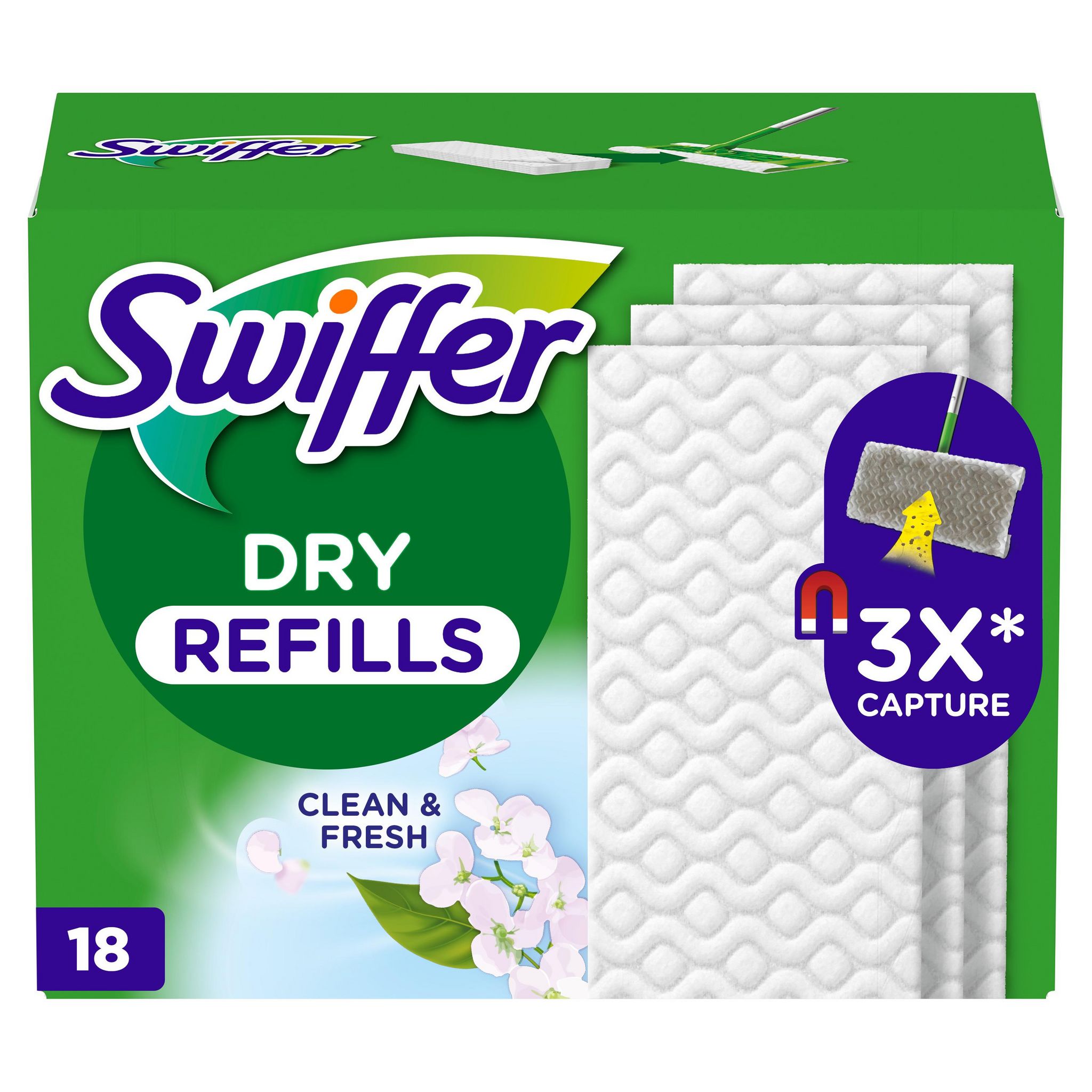 Voir la diapositive 2 : SWIFFER Balai attrape-poussière lingettes sèches parfum febreze 18 pièces