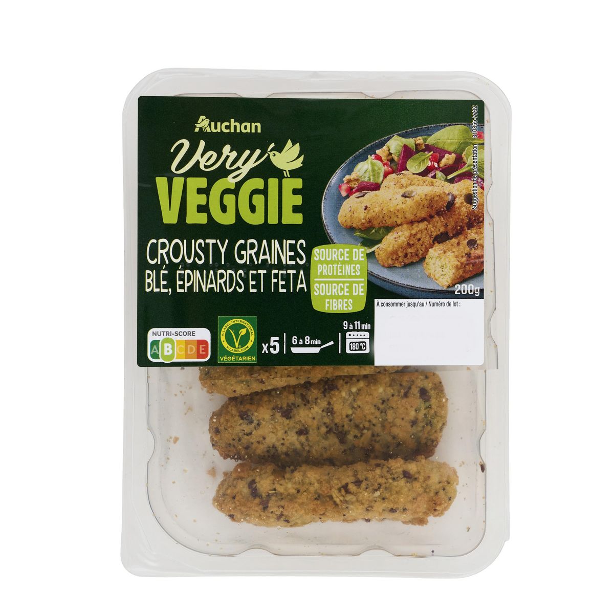 AUCHAN VERY VEGGIE Aiguillettes panées multigraines épinards et féta 200g