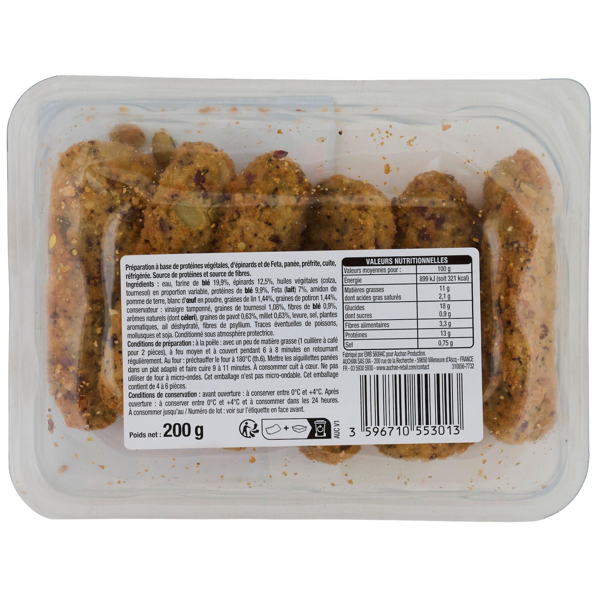 Voir la diapositive 2 : AUCHAN VERY VEGGIE Aiguillettes panées multigraines épinards et féta 200g
