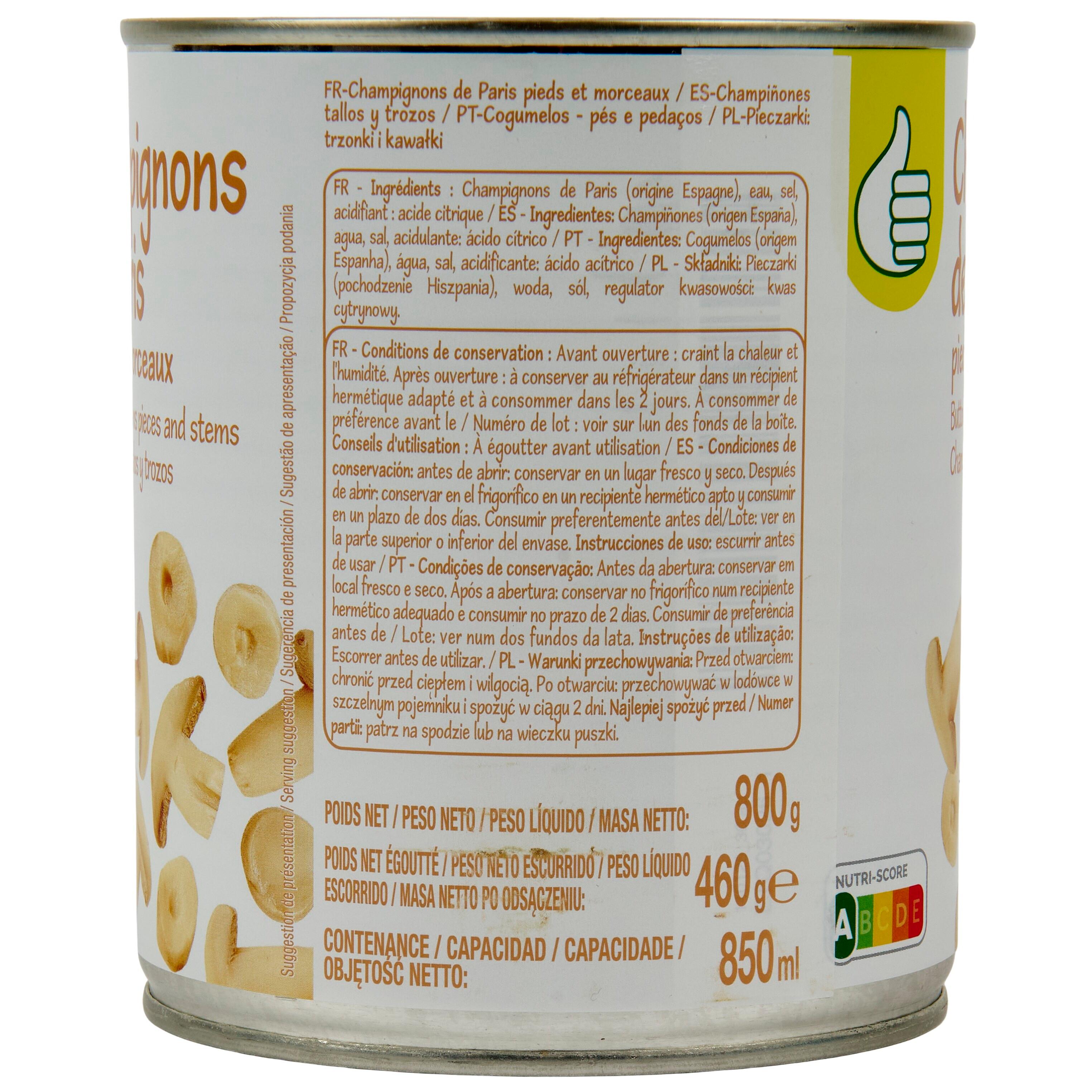Voir la diapositive 2 : POUCE Champignons de Paris pieds et morceaux 460g
