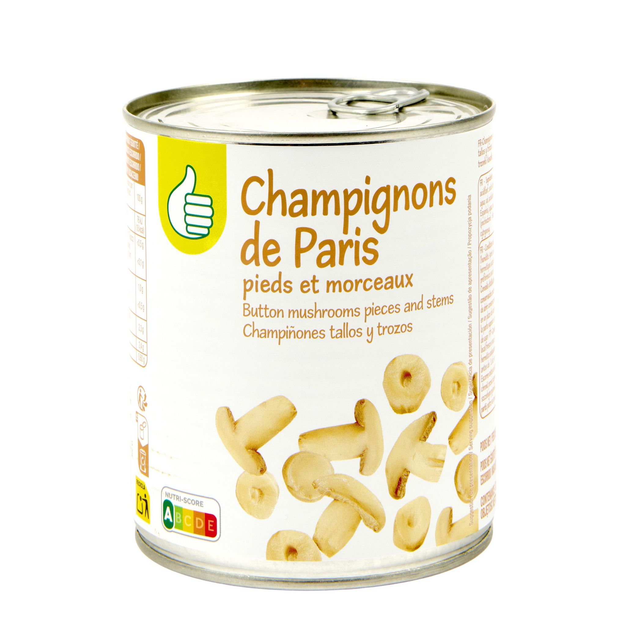 Voir la diapositive 2 : POUCE Champignons de Paris pieds et morceaux 460g