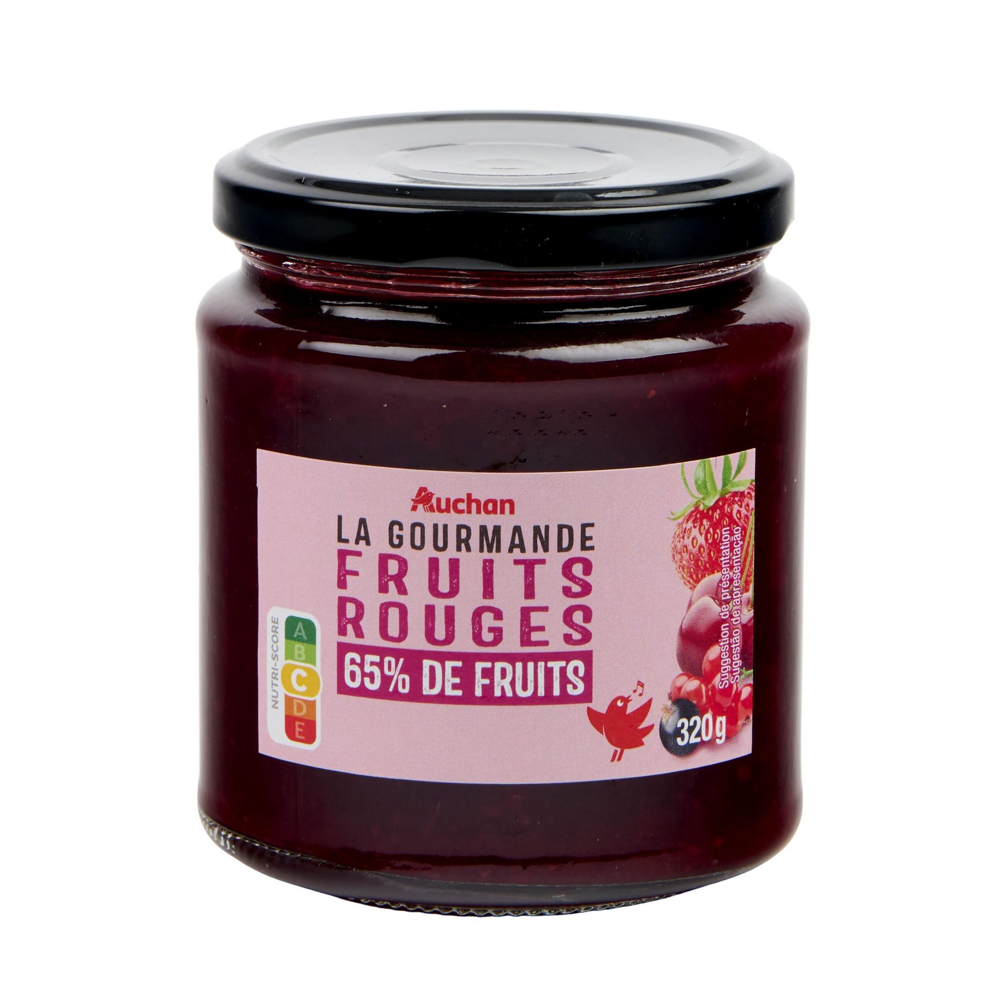 Voir la diapositive 2 : AUCHAN La Gourmande confiture de fruits rouges 65% de fruits 320g