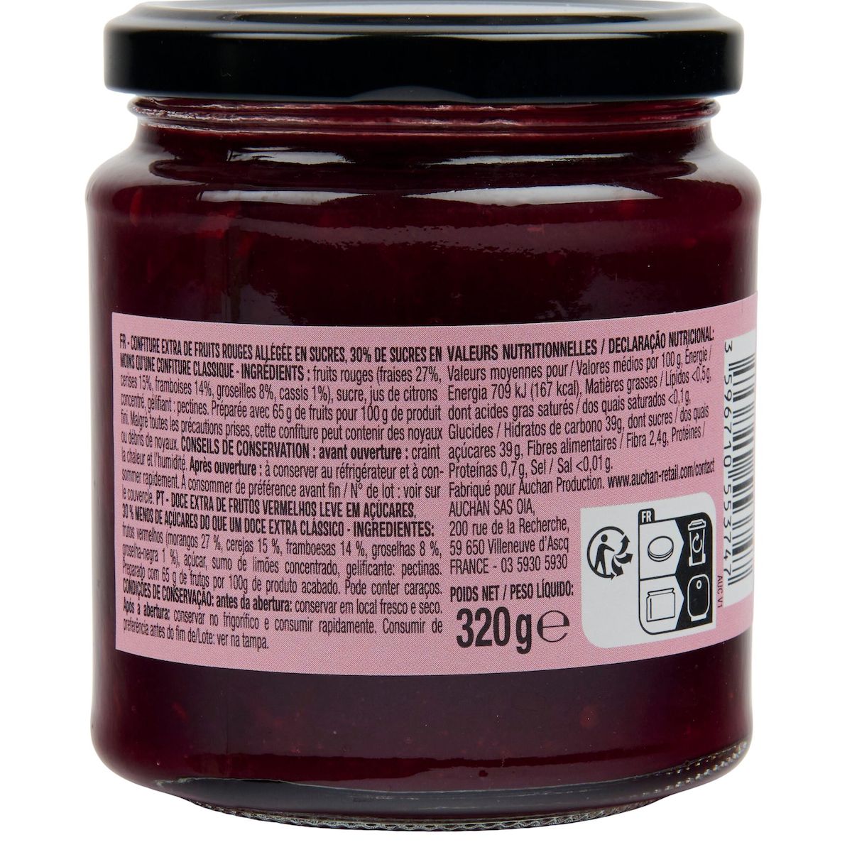 AUCHAN La Gourmande confiture de fruits rouges 65% de fruits 320g