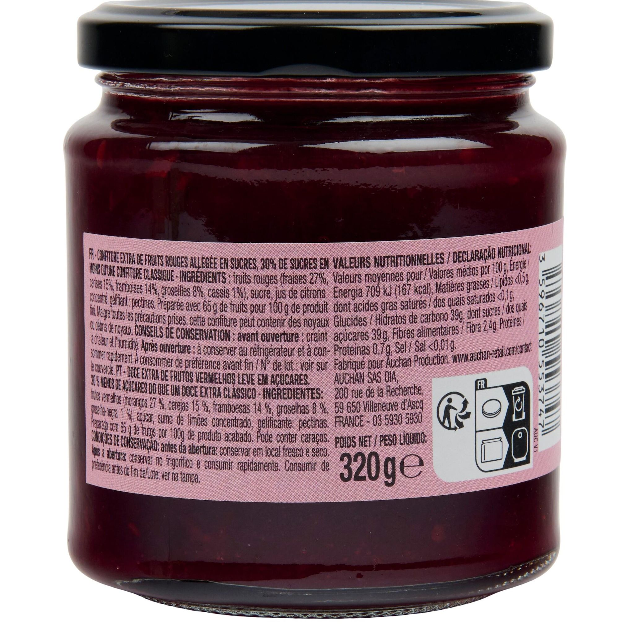 Voir la diapositive 3 : AUCHAN La Gourmande confiture de fruits rouges 65% de fruits 320g