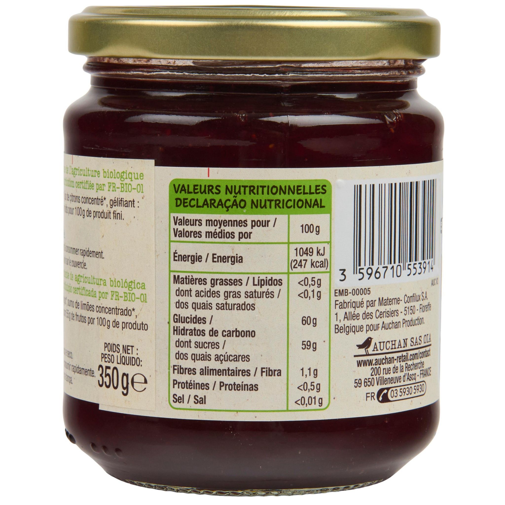 Voir la diapositive 4 : AUCHAN BIO Confiture extra fraise bio 350g