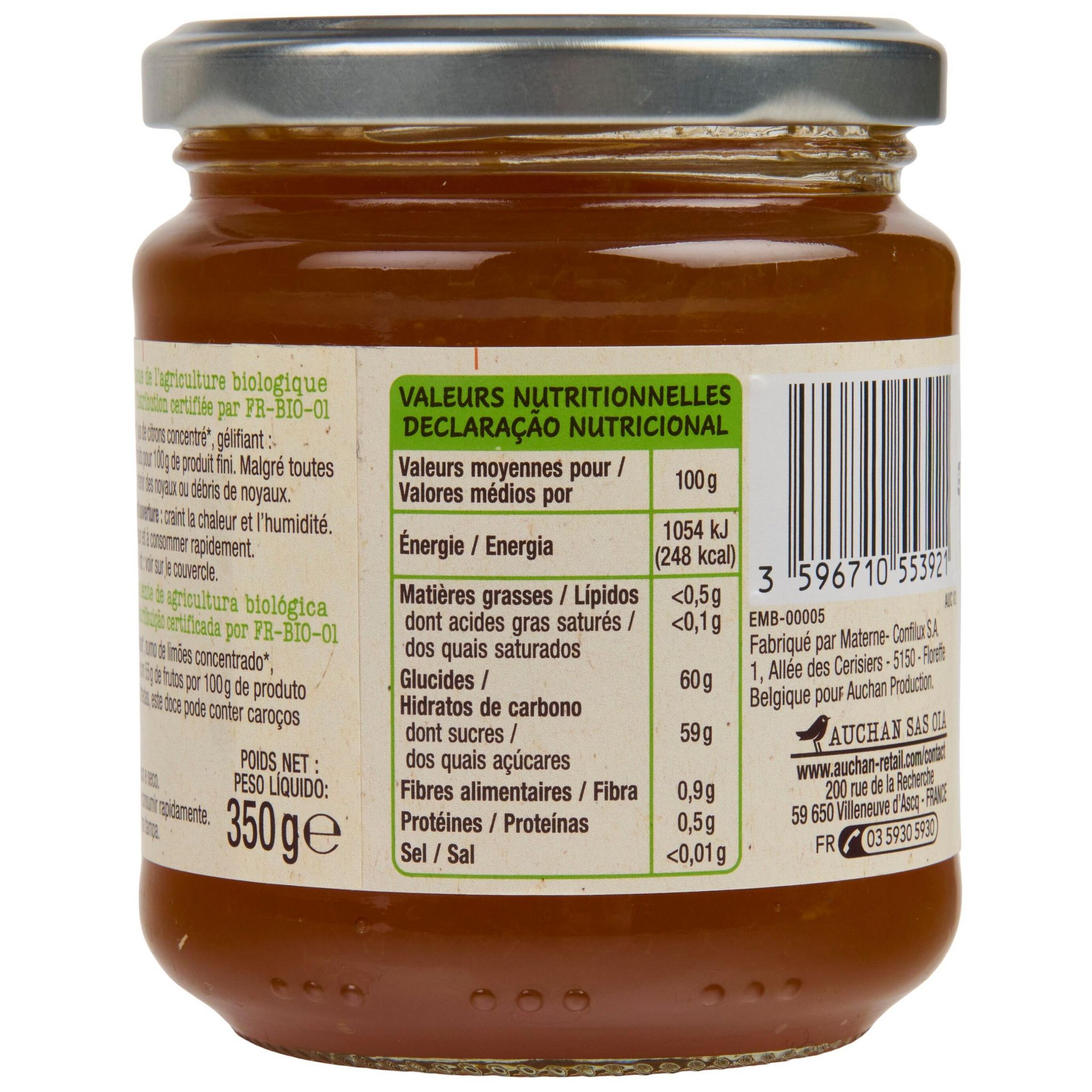 Voir la diapositive 4 : AUCHAN BIO Confiture extra abricot bio 350g