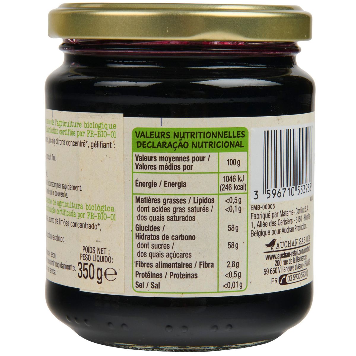 AUCHAN BIO Confiture extra myrtille bio 350g