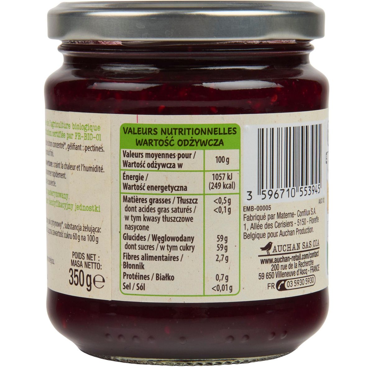 AUCHAN BIO Confiture extra framboise bio 350g