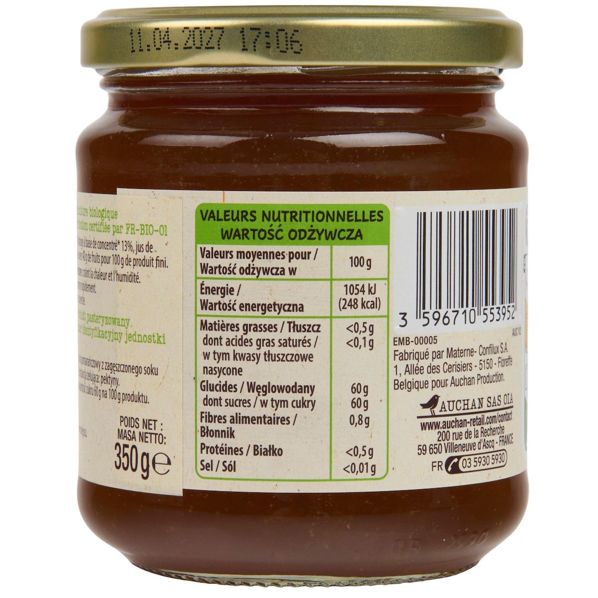 AUCHAN BIO Marmelade orange bio 350g