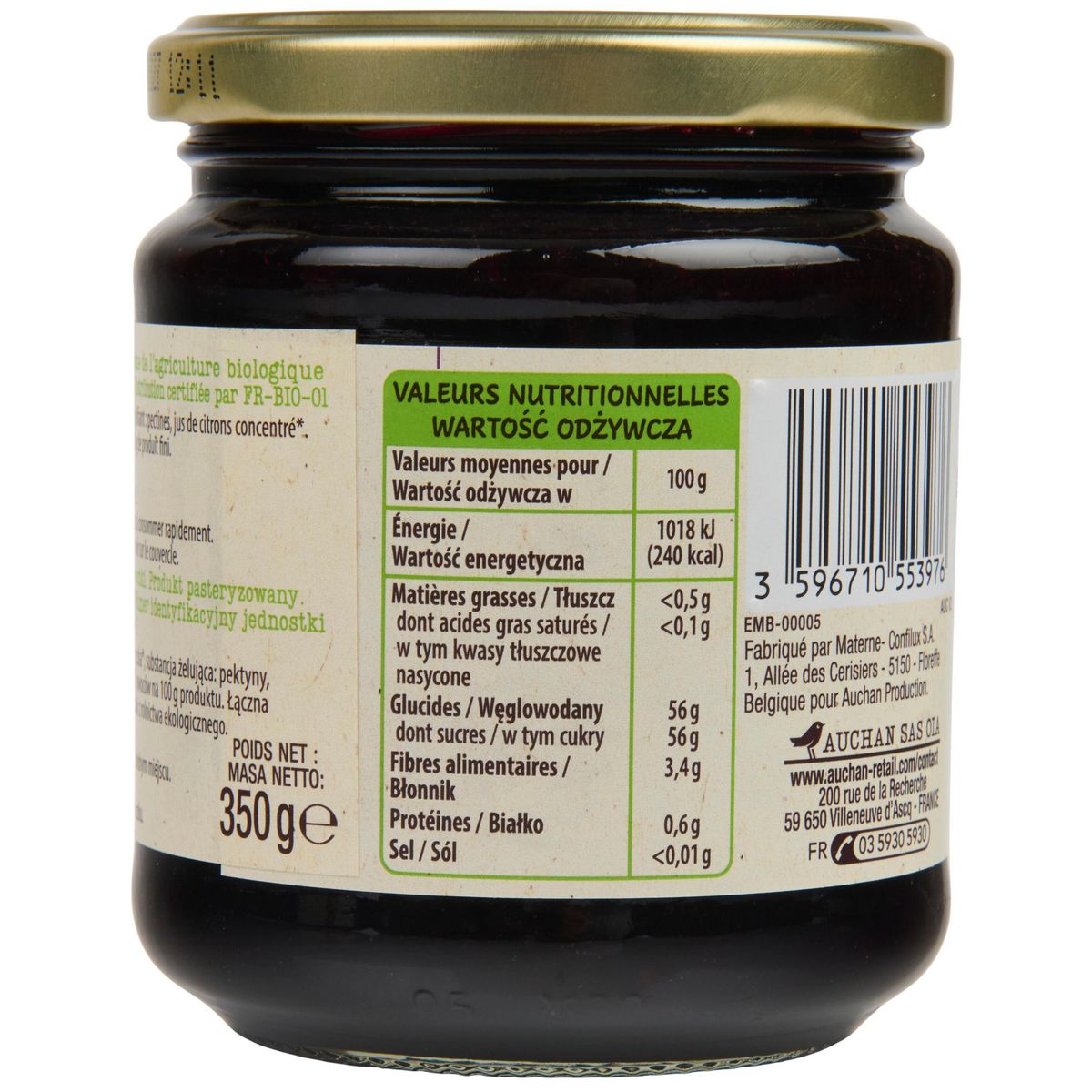 AUCHAN BIO Confiture extra cassis bio 350g