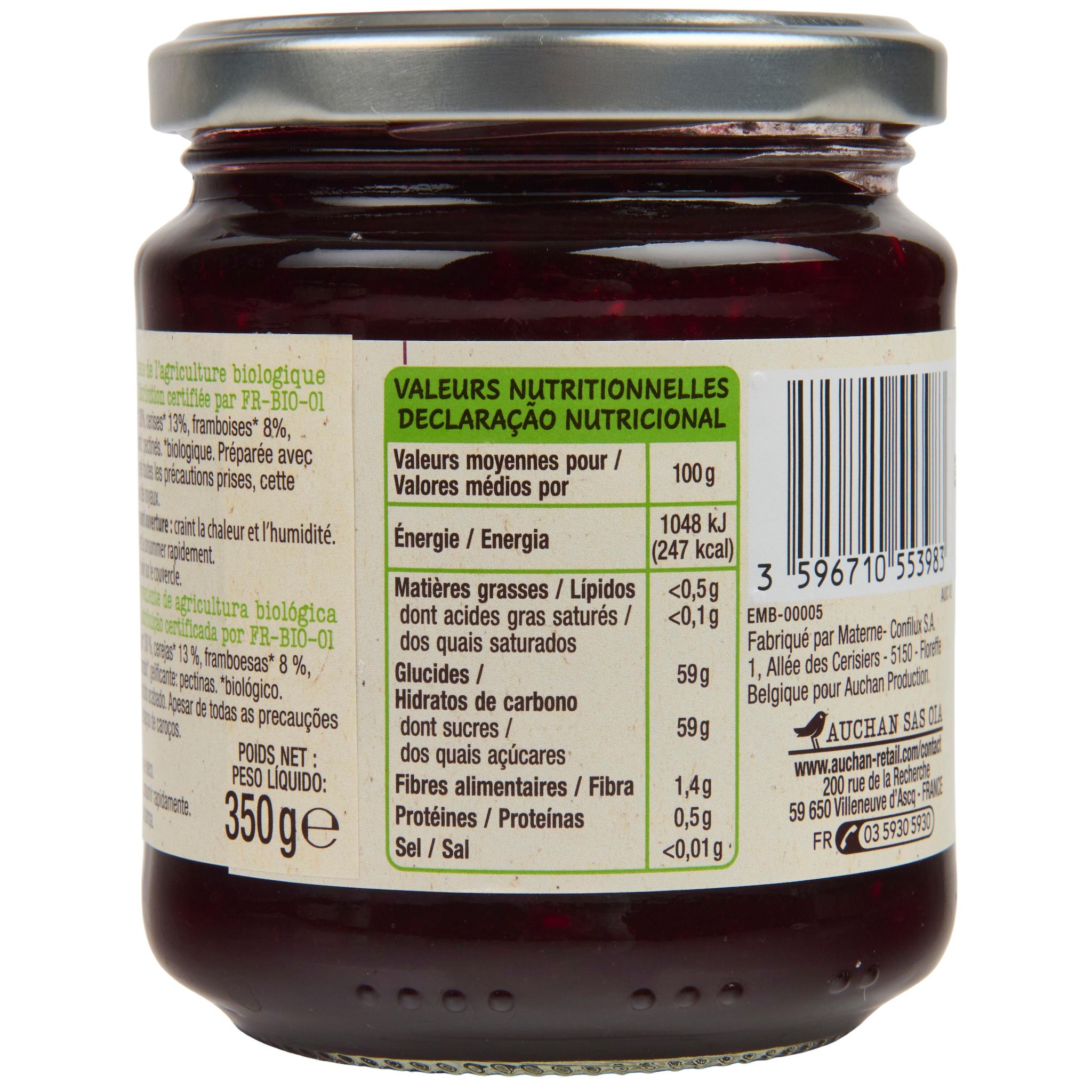Voir la diapositive 2 : AUCHAN BIO Confiture extra fruits rouges bio 350g