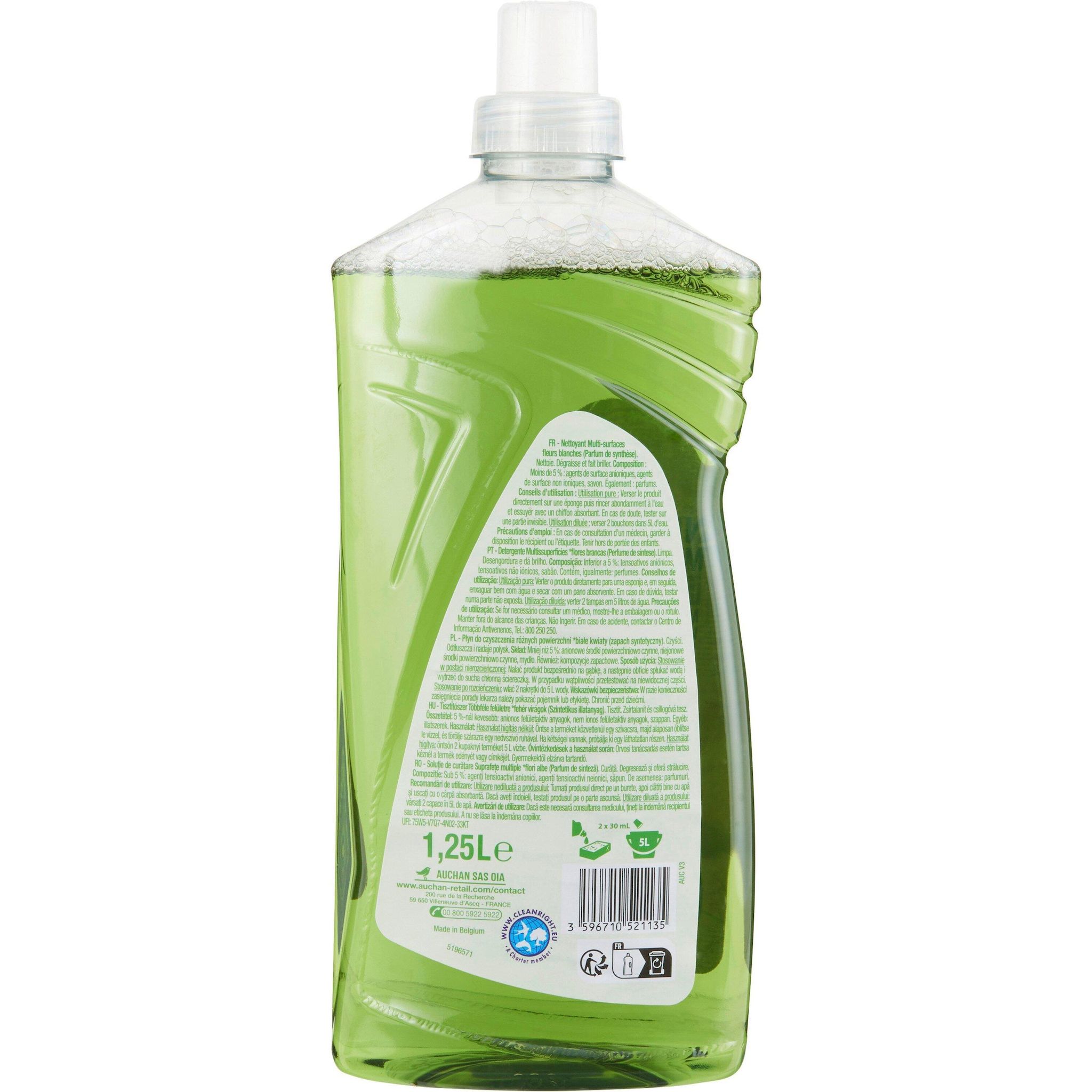 Voir la diapositive 2 : AUCHAN Nettoyant liquide multi-surfaces fleurs blanches 1,25l