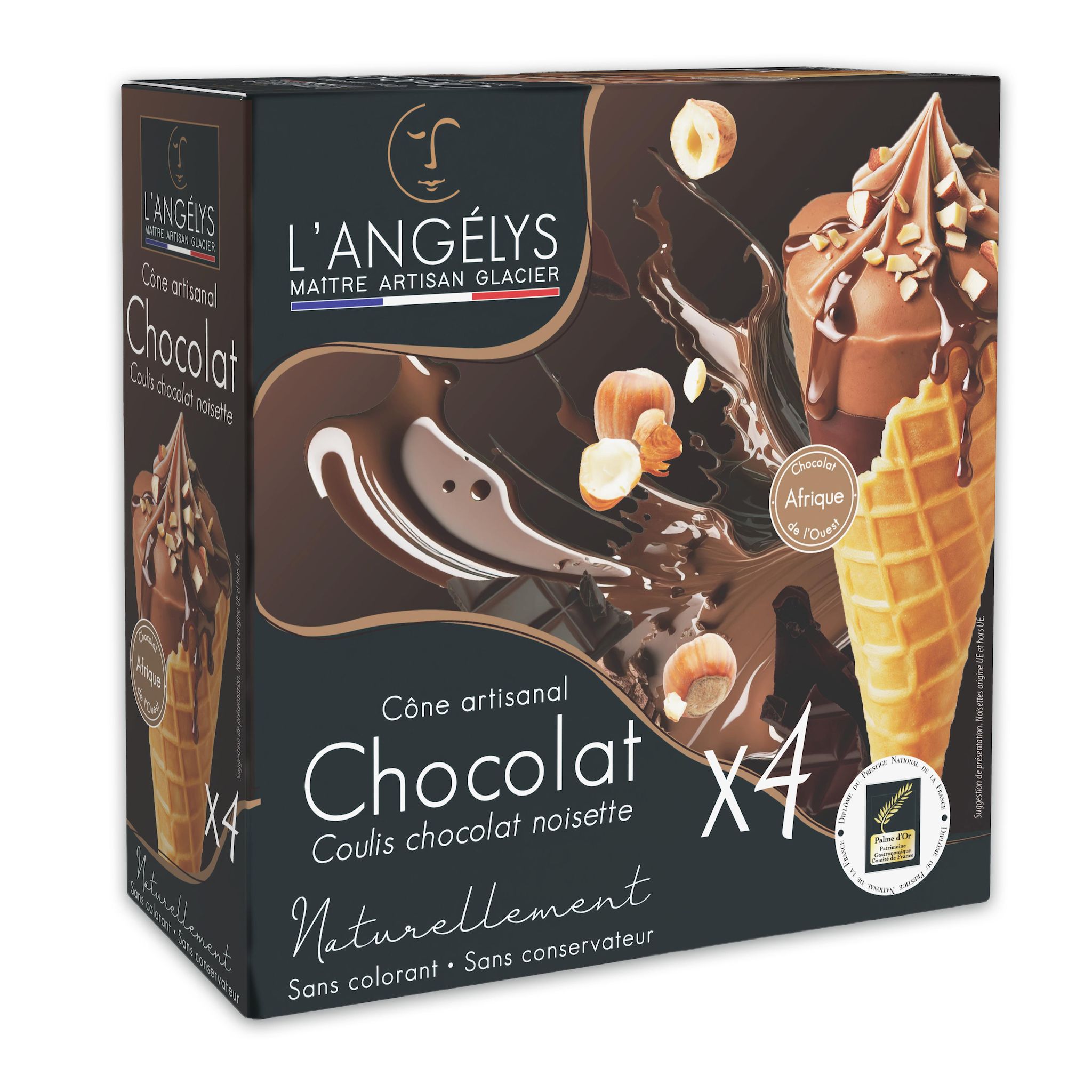 L'ANGELYS Cône Artisanal crème glacée chocolat coulis chocolat noisettes du Piémont 4 pièces 280g