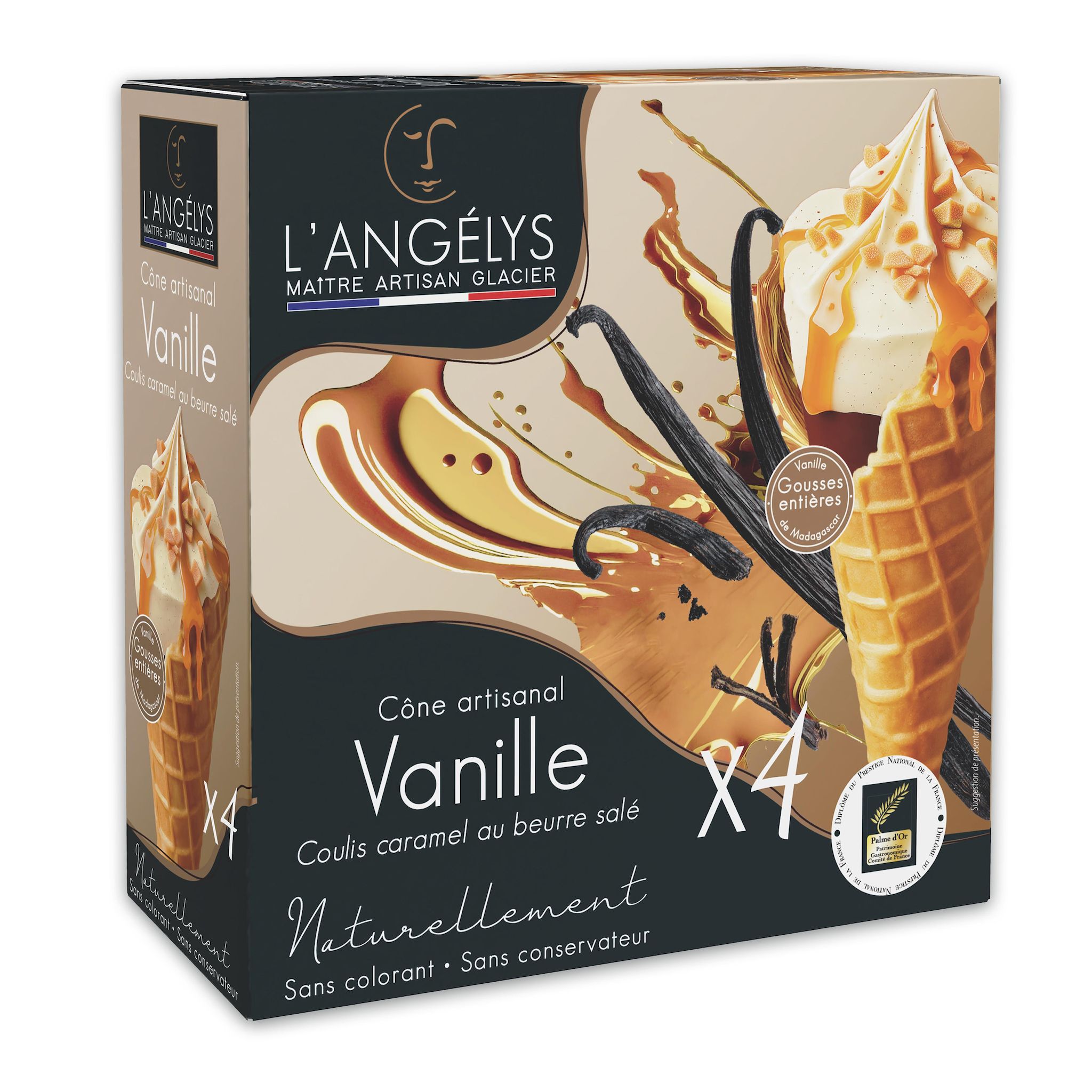 L'ANGELYS Cône artisanal crème glacée vanille coulis caramel beurre salé 4 pièces 280g