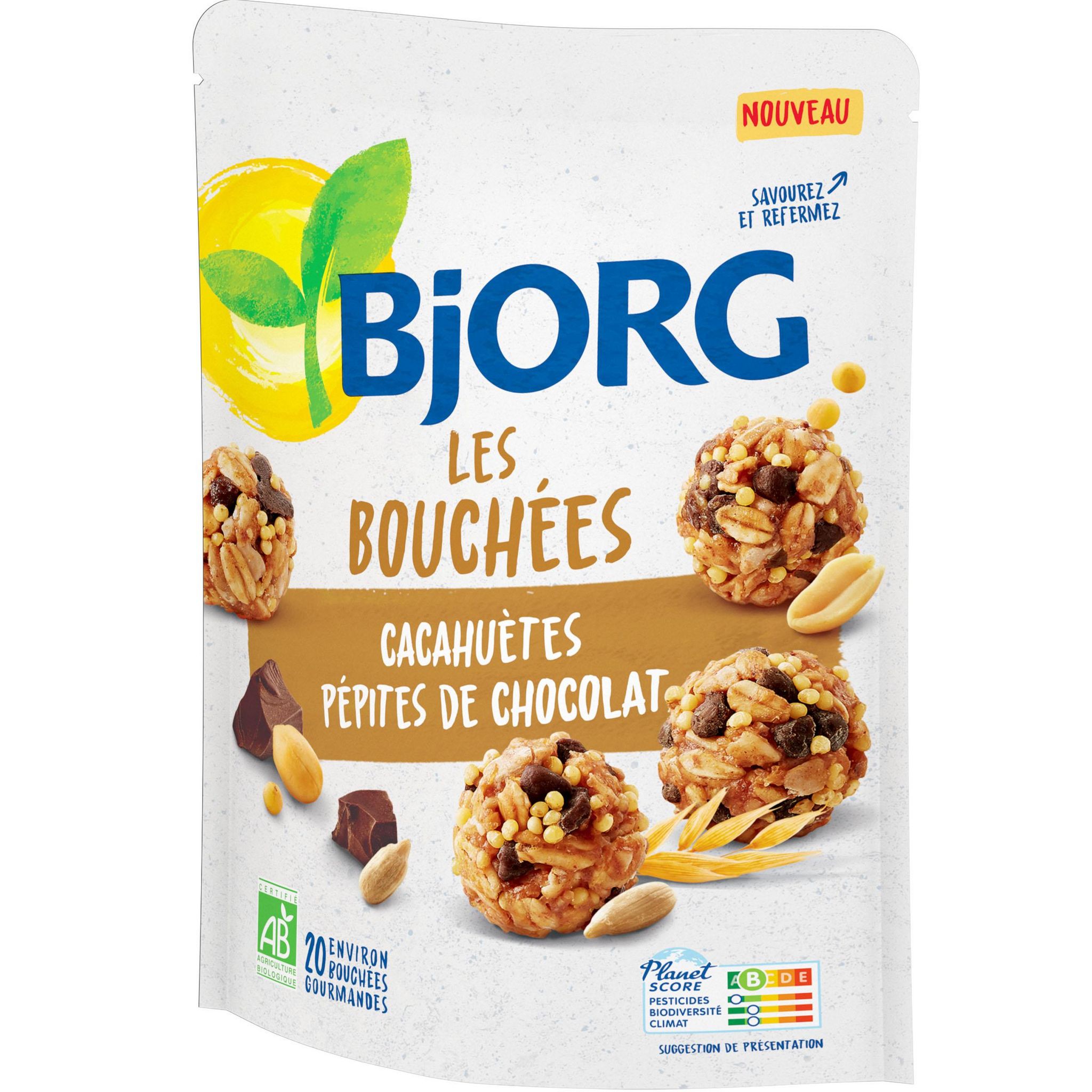 Voir la diapositive 2 : BJORG Les Bouchées aux céréales avec des pépites de chocolat et cacahuètes bio 120g