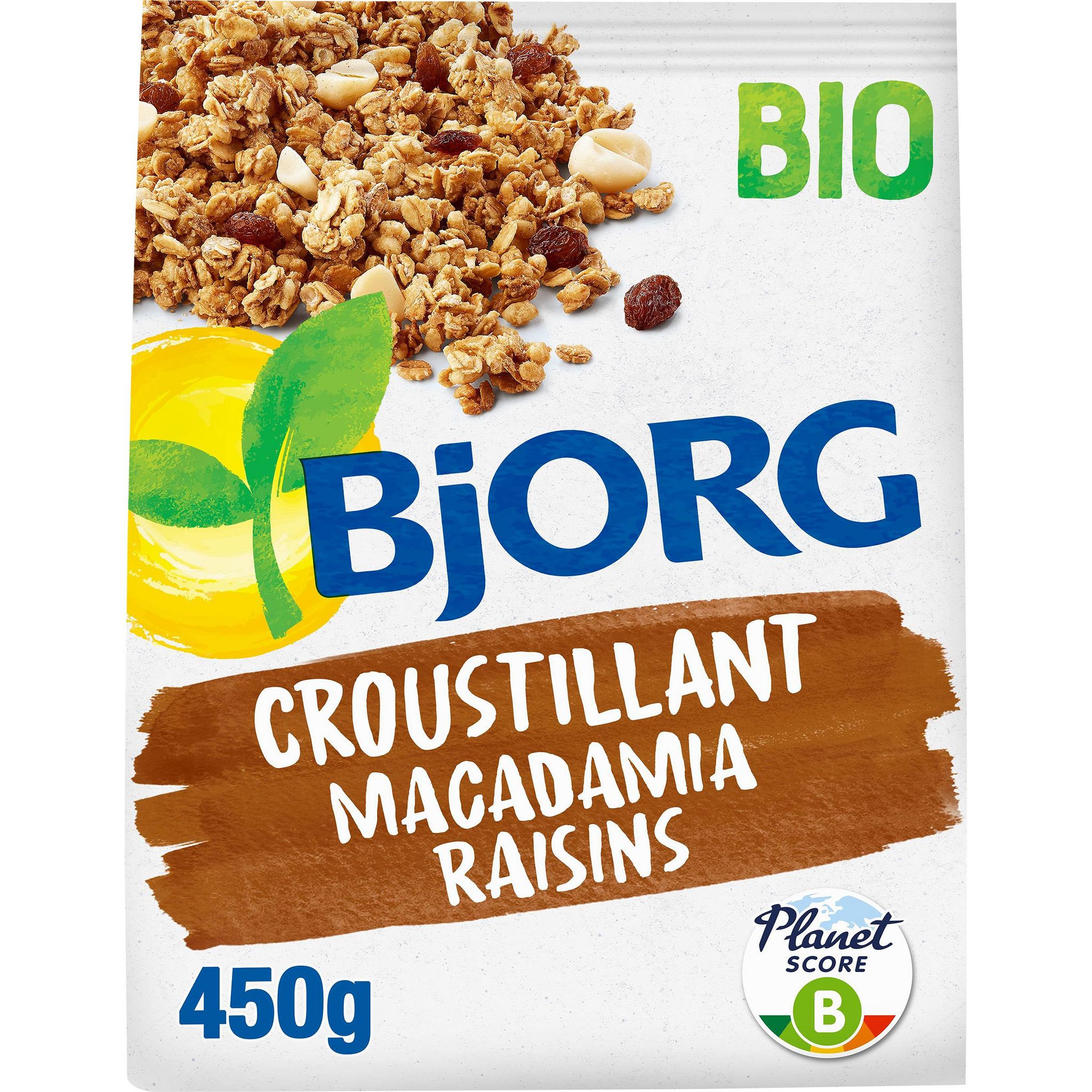 Voir la diapositive 2 : BJORG Céréales croustillantes macadamia et raisins bio 450g