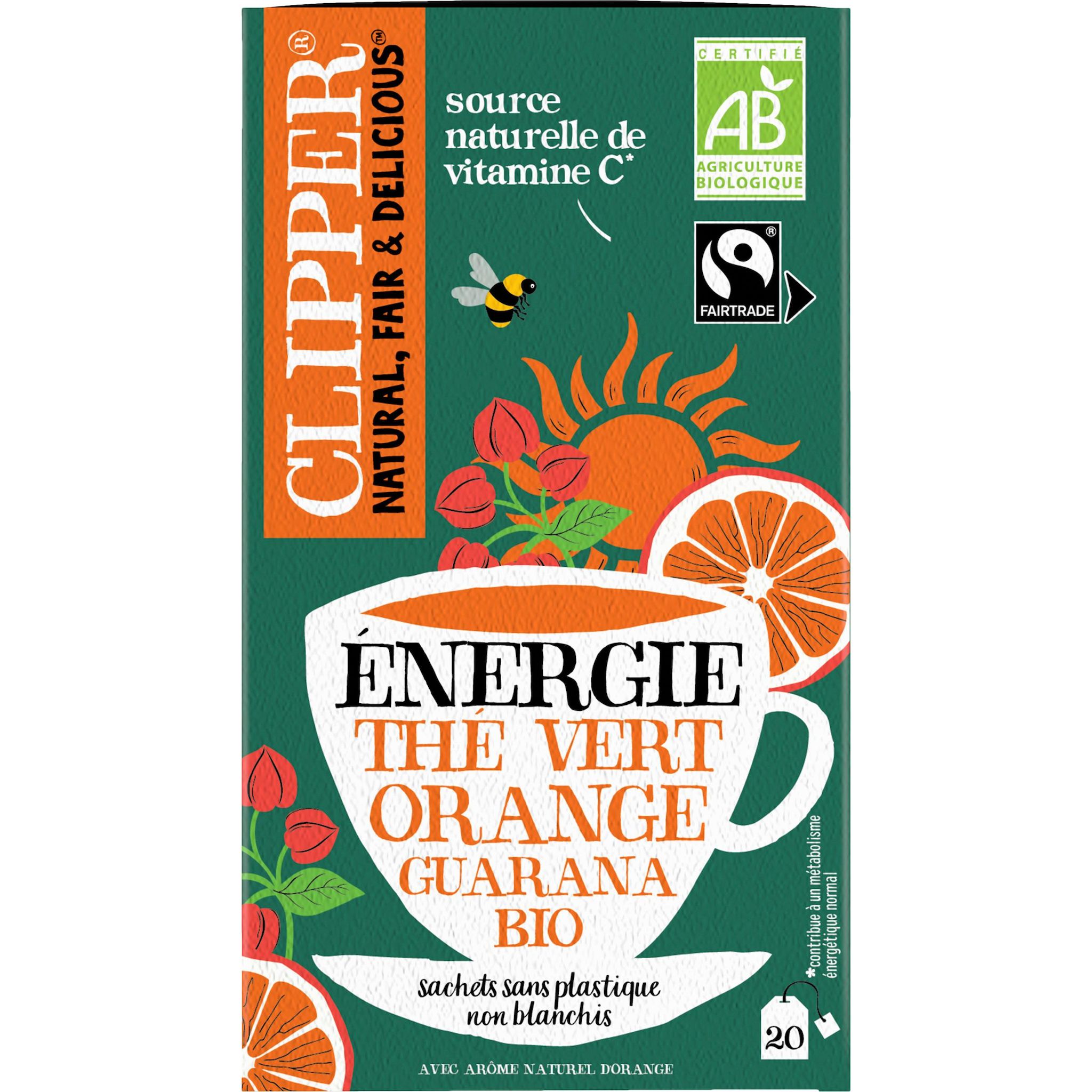 Voir la diapositive 2 : CLIPPER Thé vert énergie orange guarana bio 20 sachets 40g