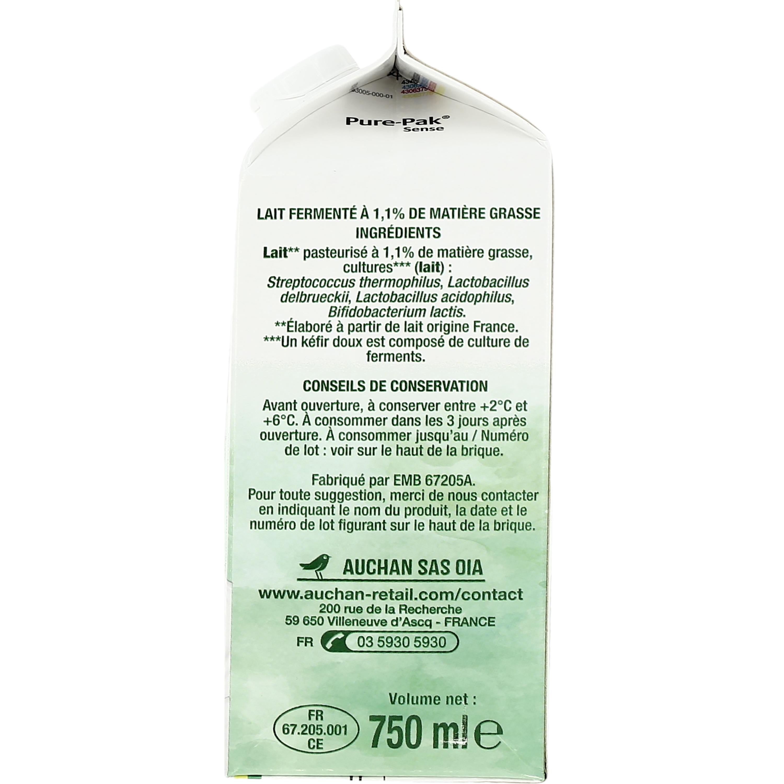 Voir la diapositive 2 : AUCHAN Kéfir lait fermenté doux 750ml