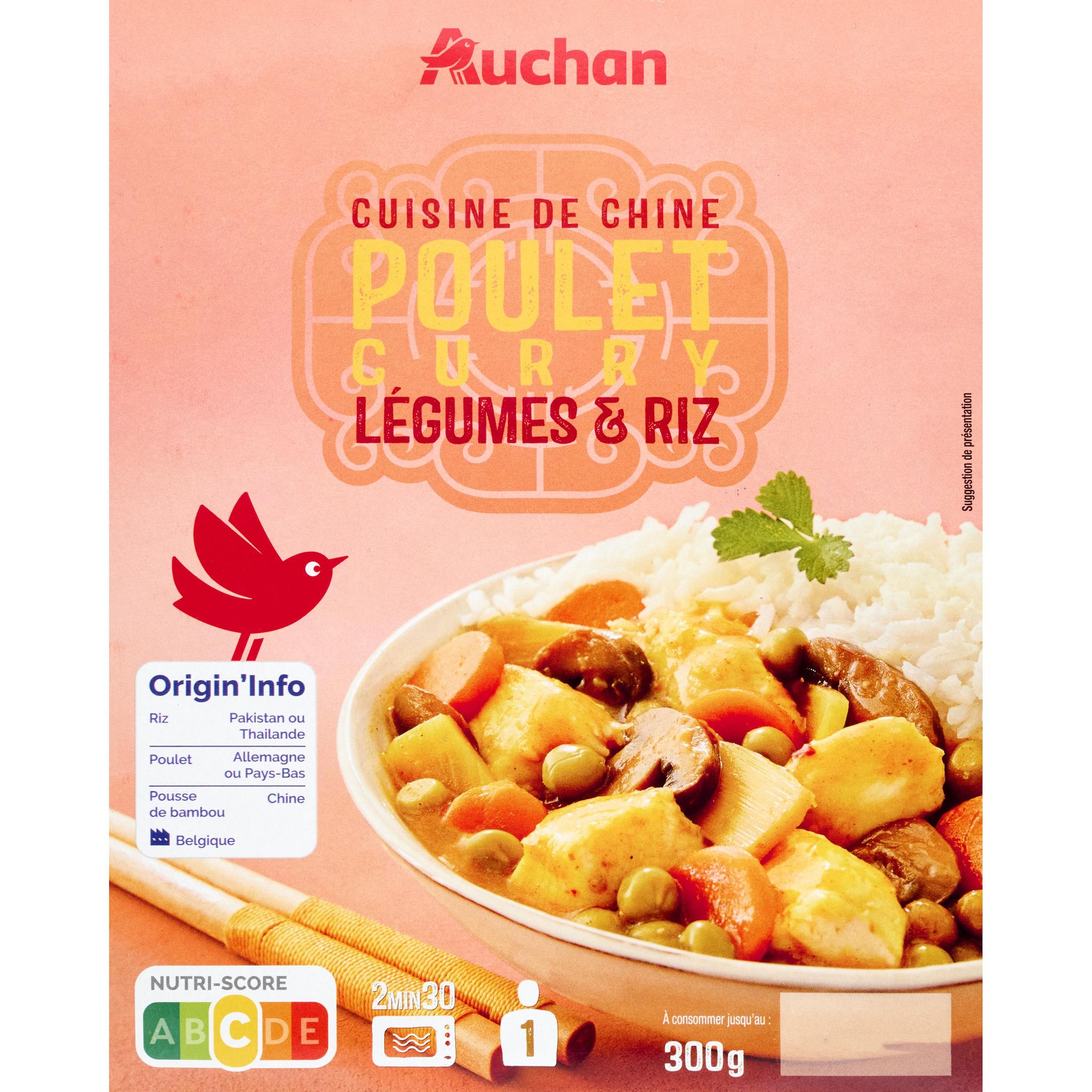AUCHAN Poulet au curry légumes et riz 1 part 300g