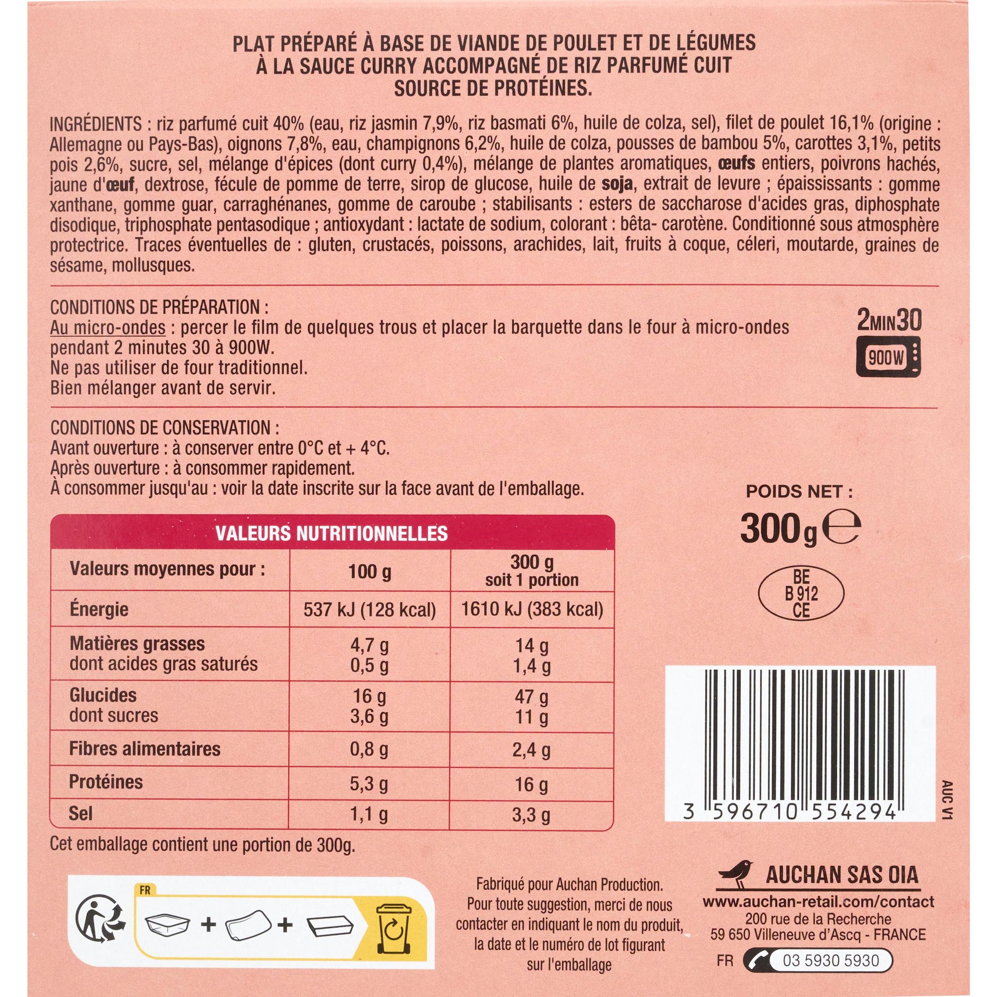 Voir la diapositive 2 : AUCHAN Poulet au curry légumes et riz 1 part 300g