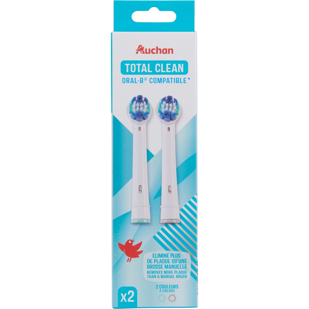 AUCHAN Total Clean Recharge brosse à dents électrique compatible Oral B 2 brossettes