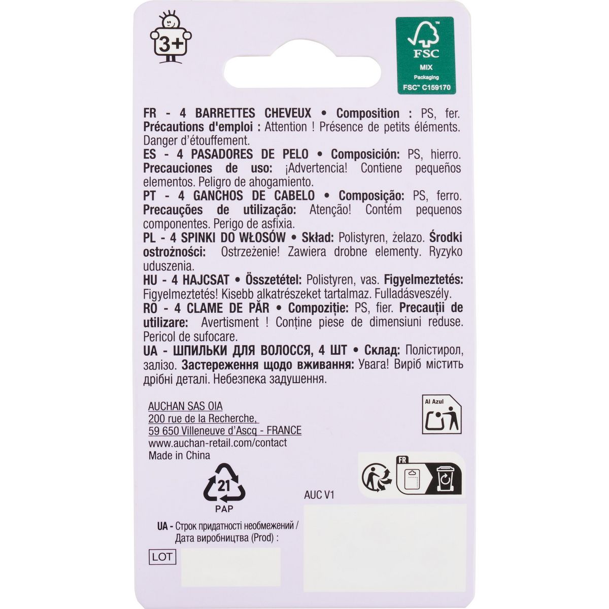 AUCHAN Barrettes cheveux enfant 4 pièces