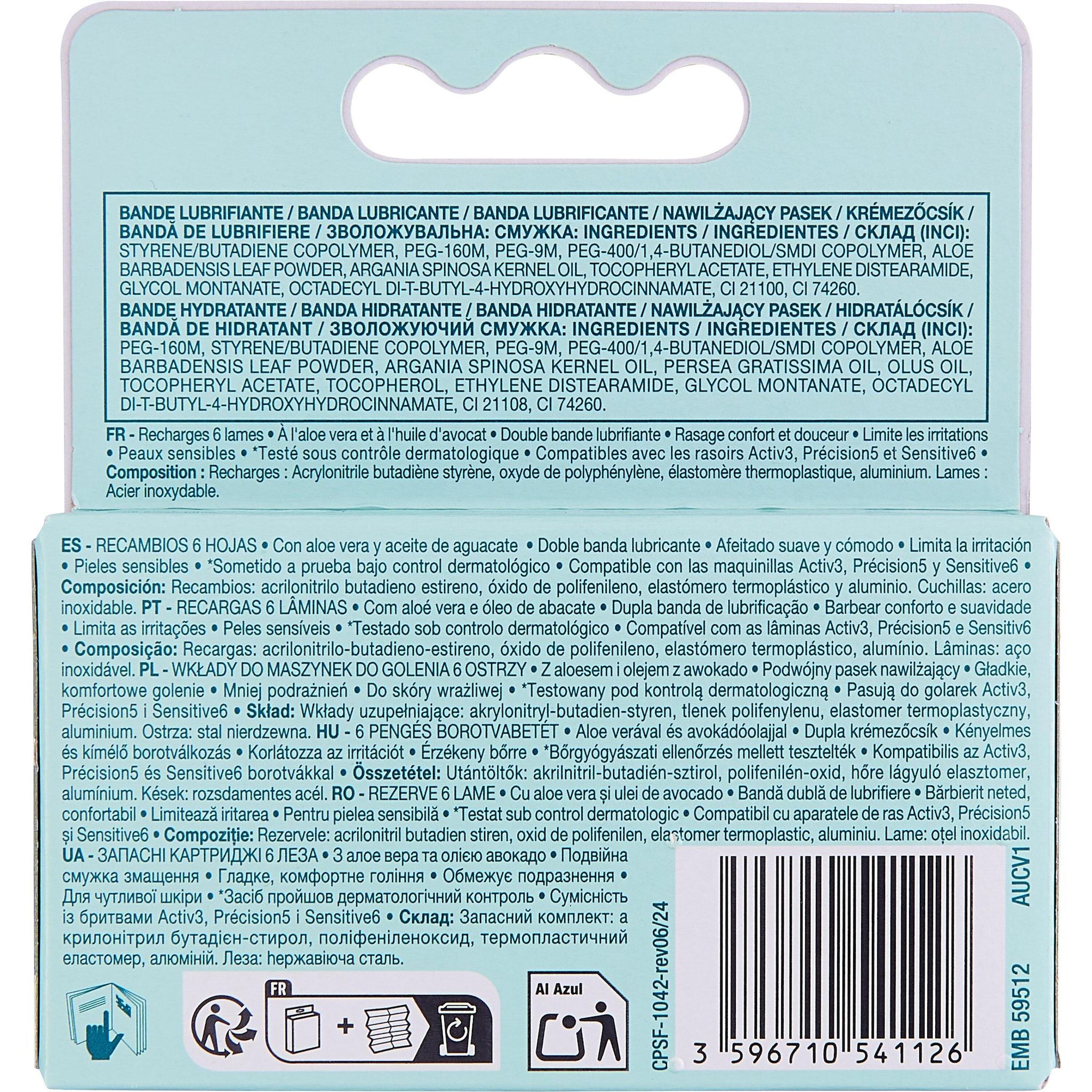 Voir la diapositive 2 : COSMIA Sensitive recharges lames de rasoirs 6 lames bande lubrifiante 4 pièces