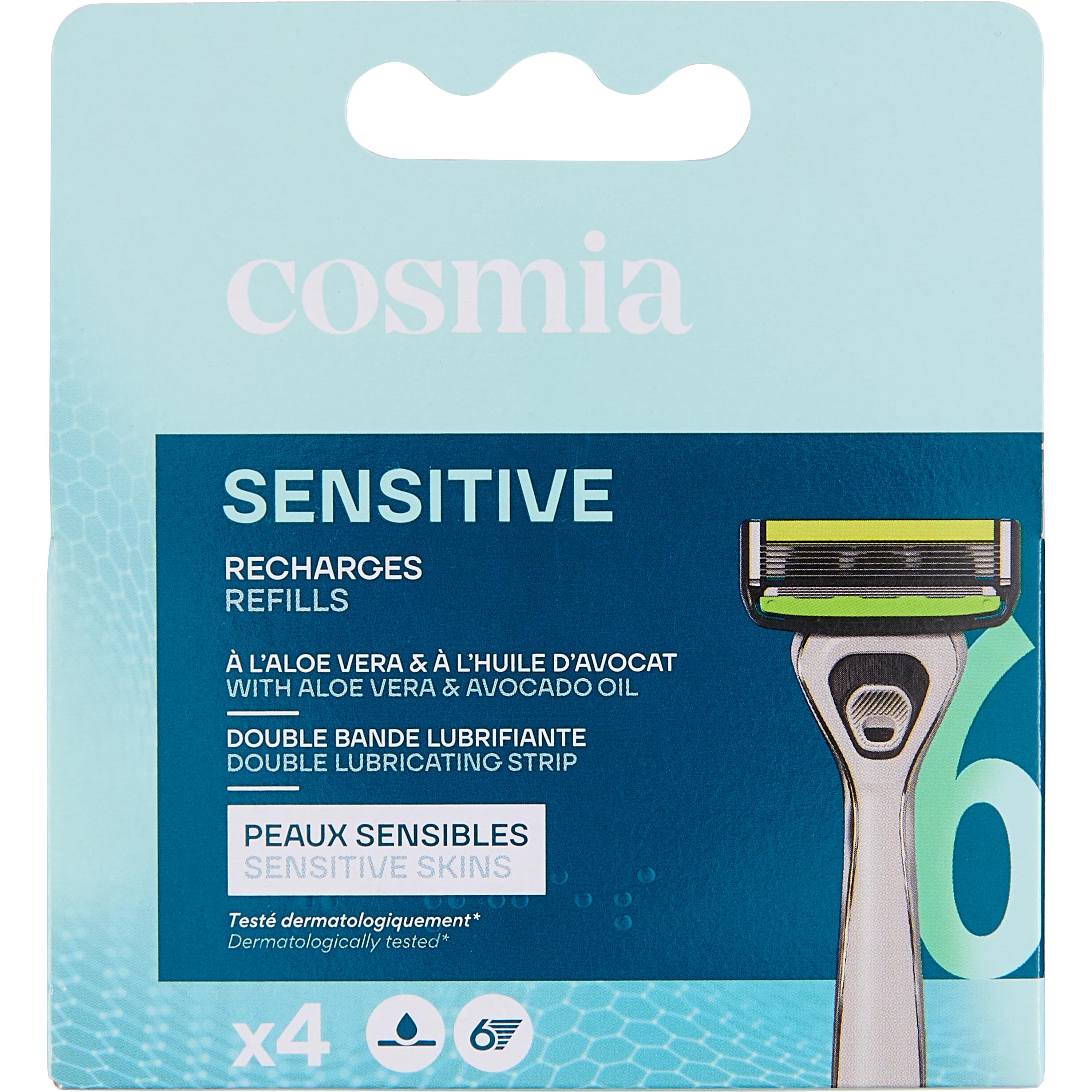 Voir la diapositive 4 : COSMIA Sensitive recharges lames de rasoirs 6 lames bande lubrifiante 4 pièces