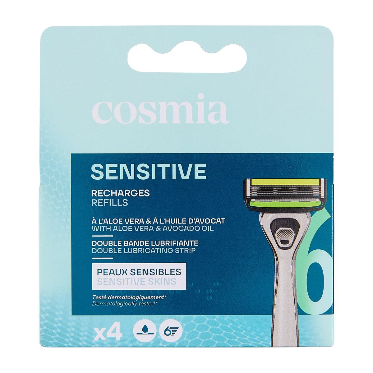 COSMIA Sensitive recharges lames de rasoirs 6 lames bande lubrifiante 4 pièces