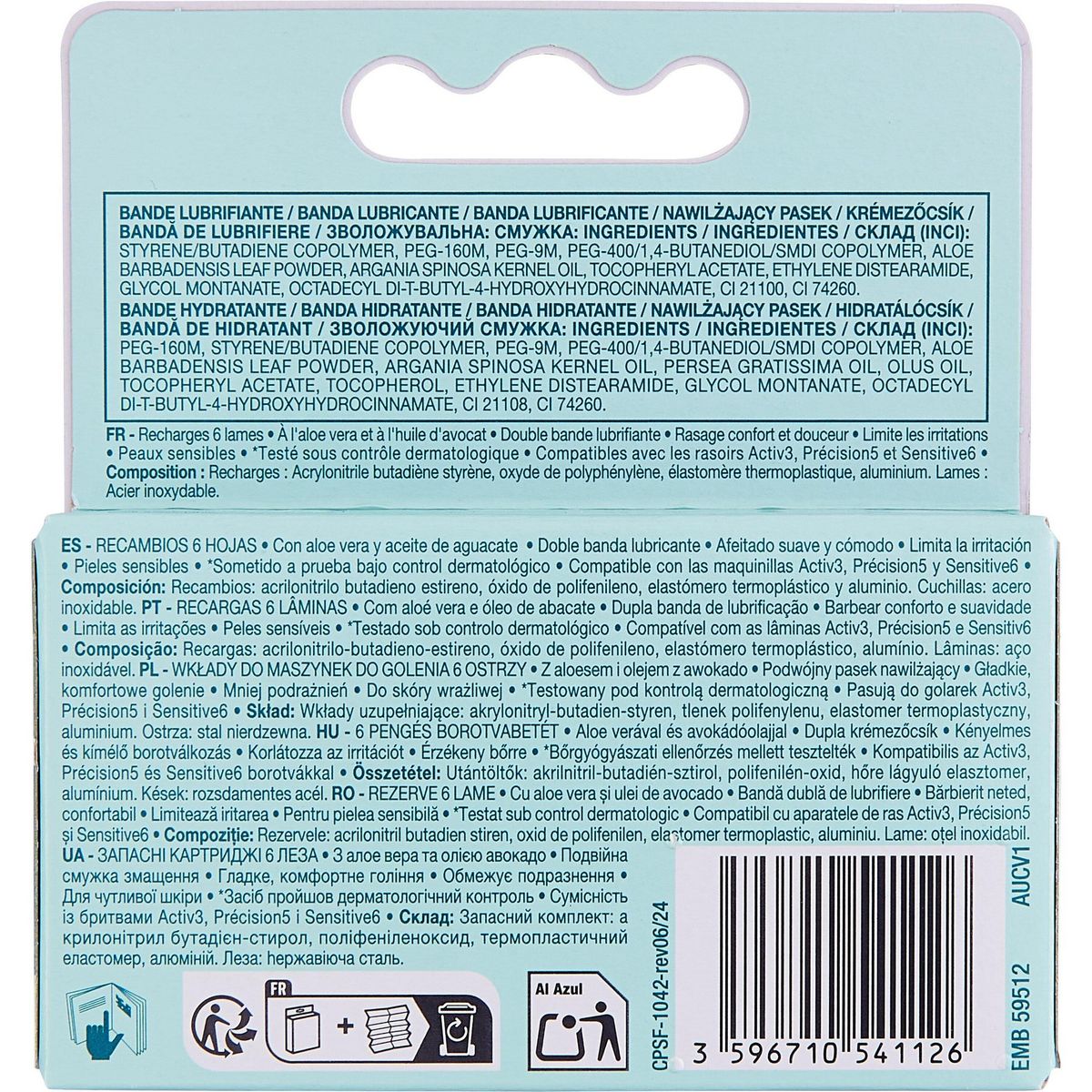 COSMIA Sensitive recharges lames de rasoirs 6 lames bande lubrifiante 4 pièces