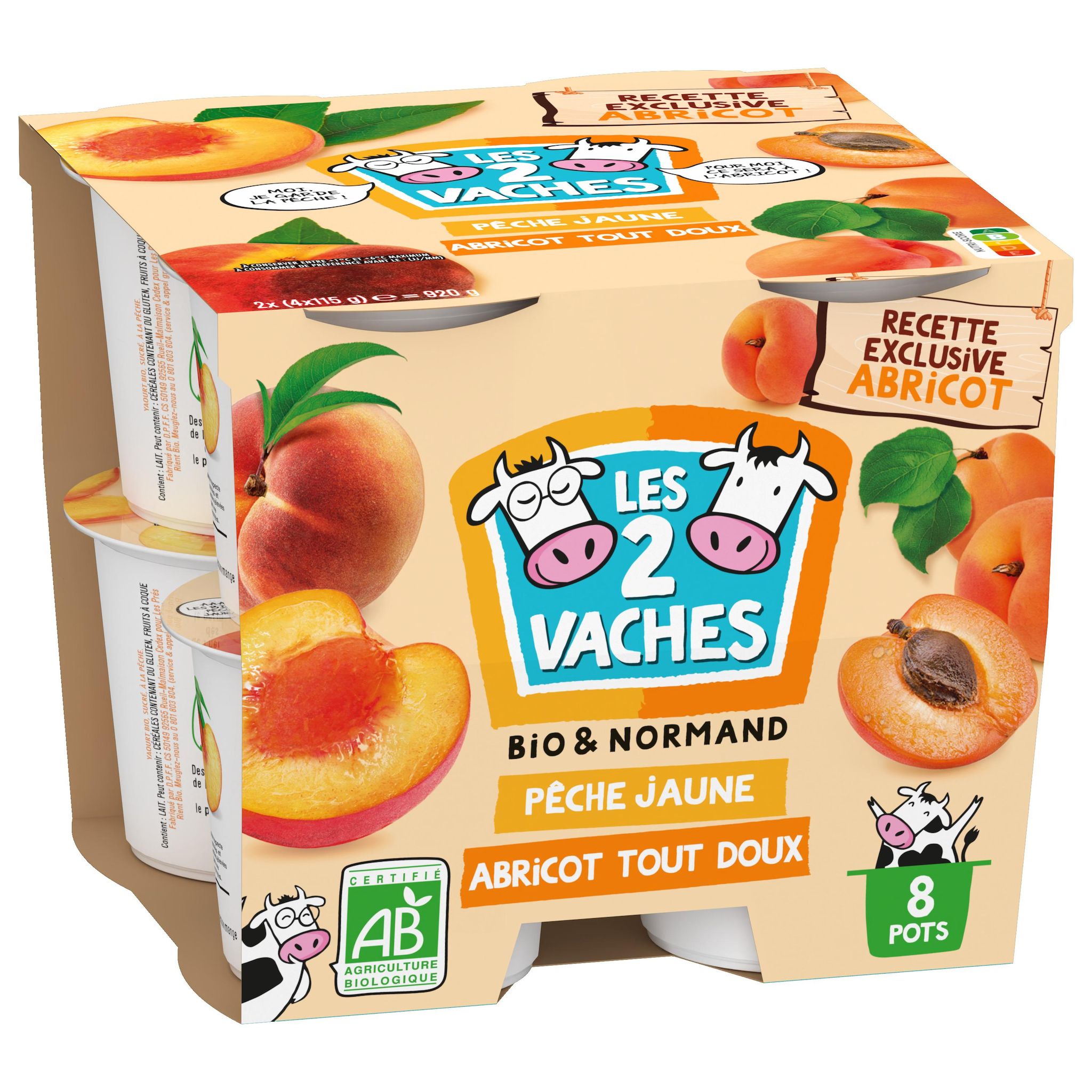 Voir la diapositive 2 : LES 2 VACHES Yaourt brassé aromatisé pêche abricot bio 8x115g