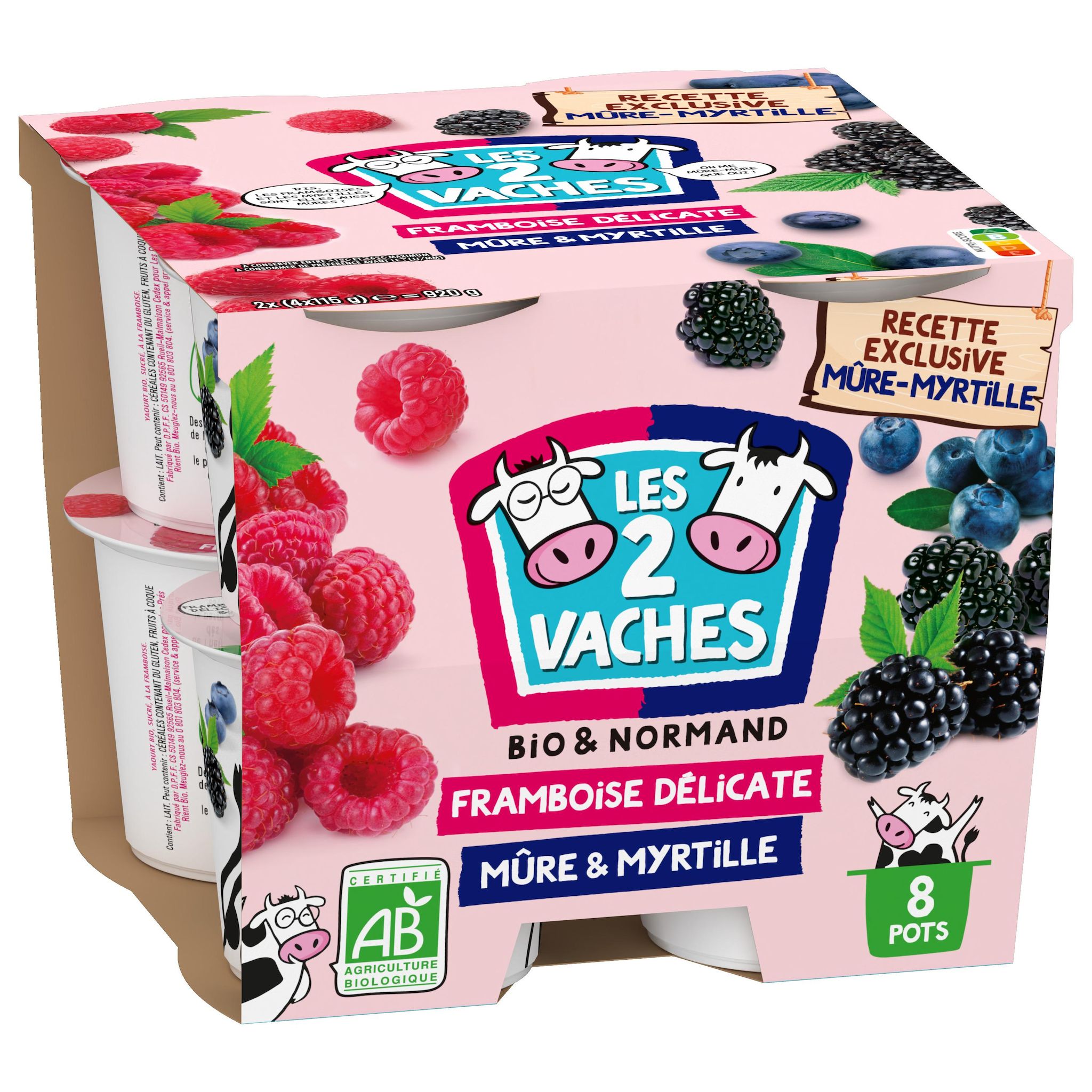 Voir la diapositive 2 : LES 2 VACHES Yaourt brassé aromatisé framboise mûre myrtille bio 8x115g