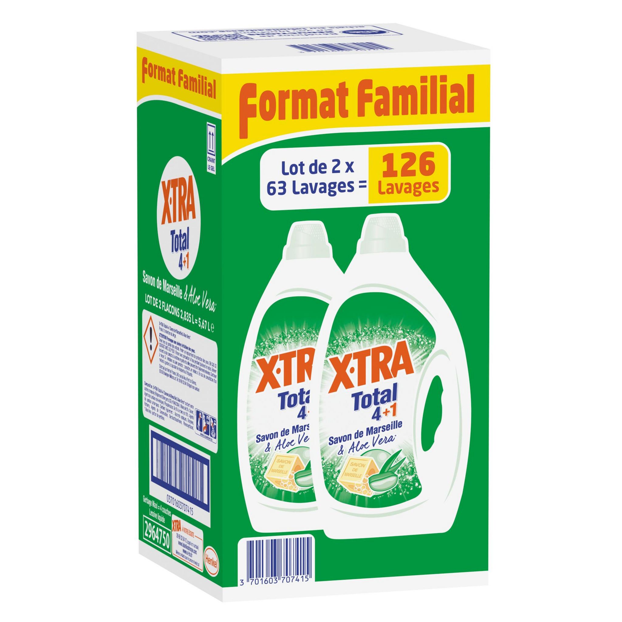 X-TRA Lessive liquide savon de marseille et aloé véra 2x63 lavages