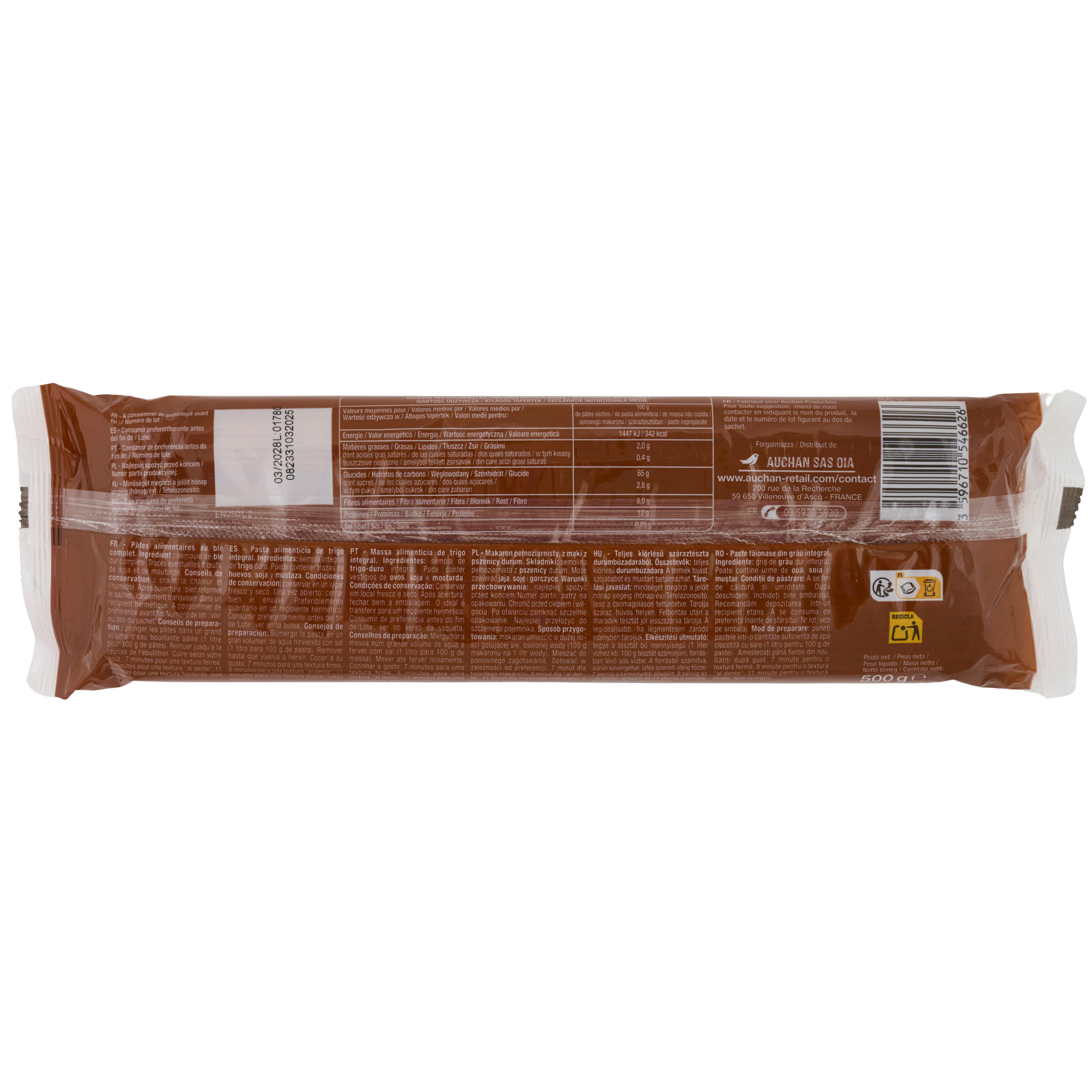 Voir la diapositive 3 : AUCHAN Spaghetti intégrale au blé complet 500g