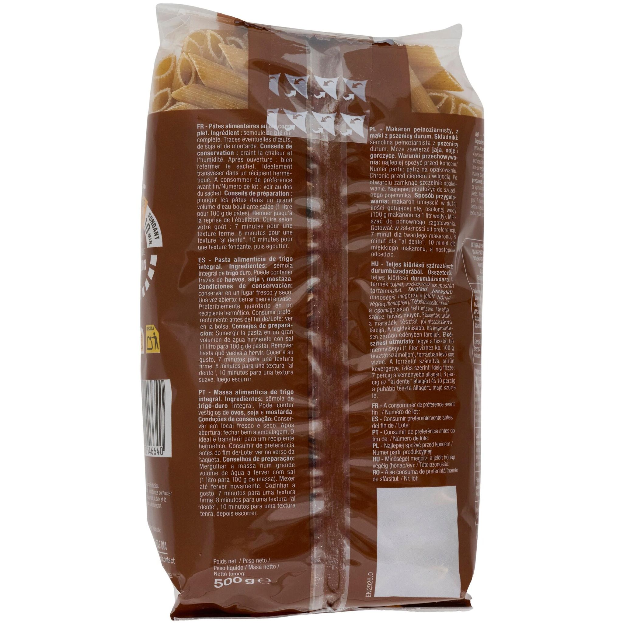 Voir la diapositive 2 : AUCHAN Penne intégrales au blé complet 500g