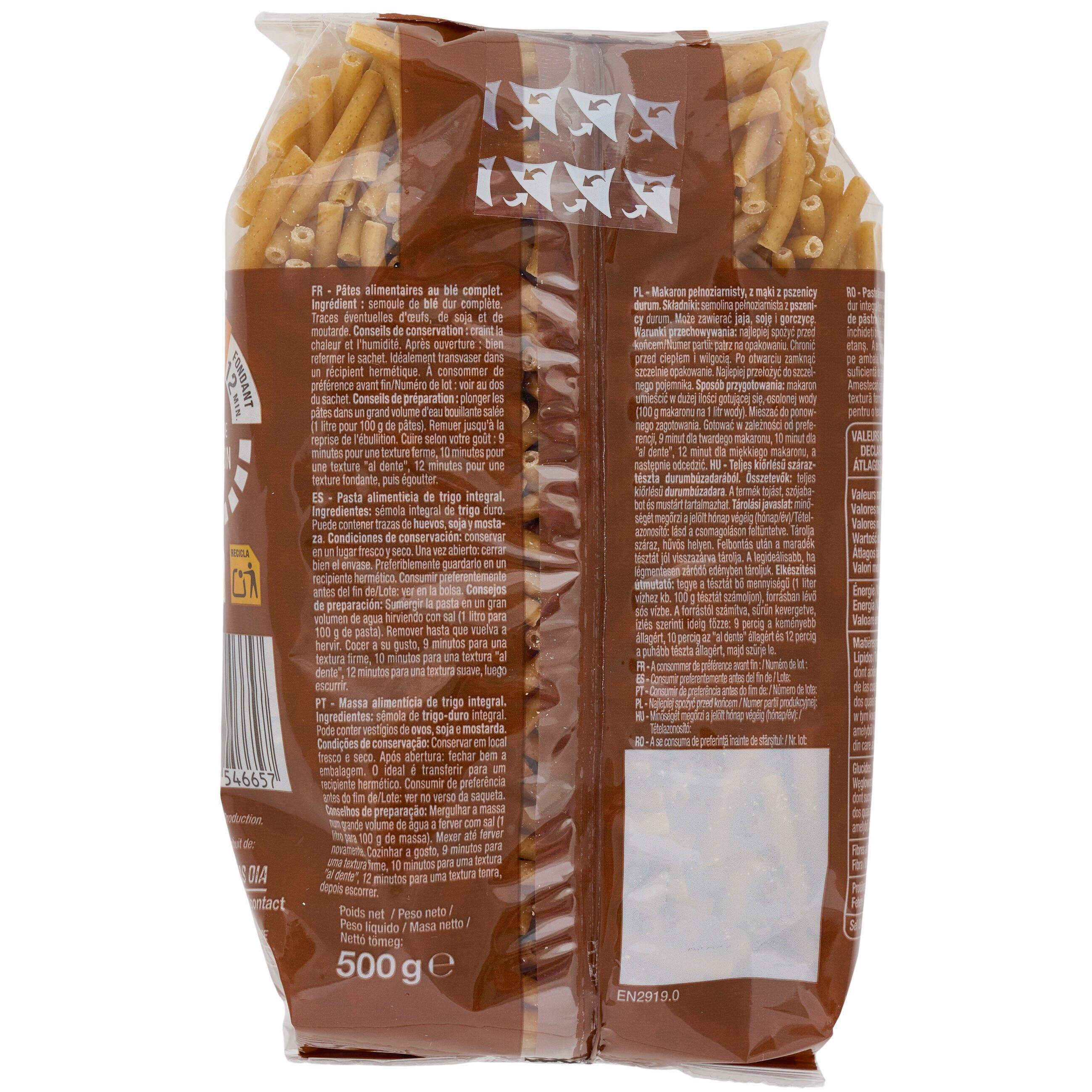 Voir la diapositive 3 : AUCHAN Macaroni intégrales blé complet 500g