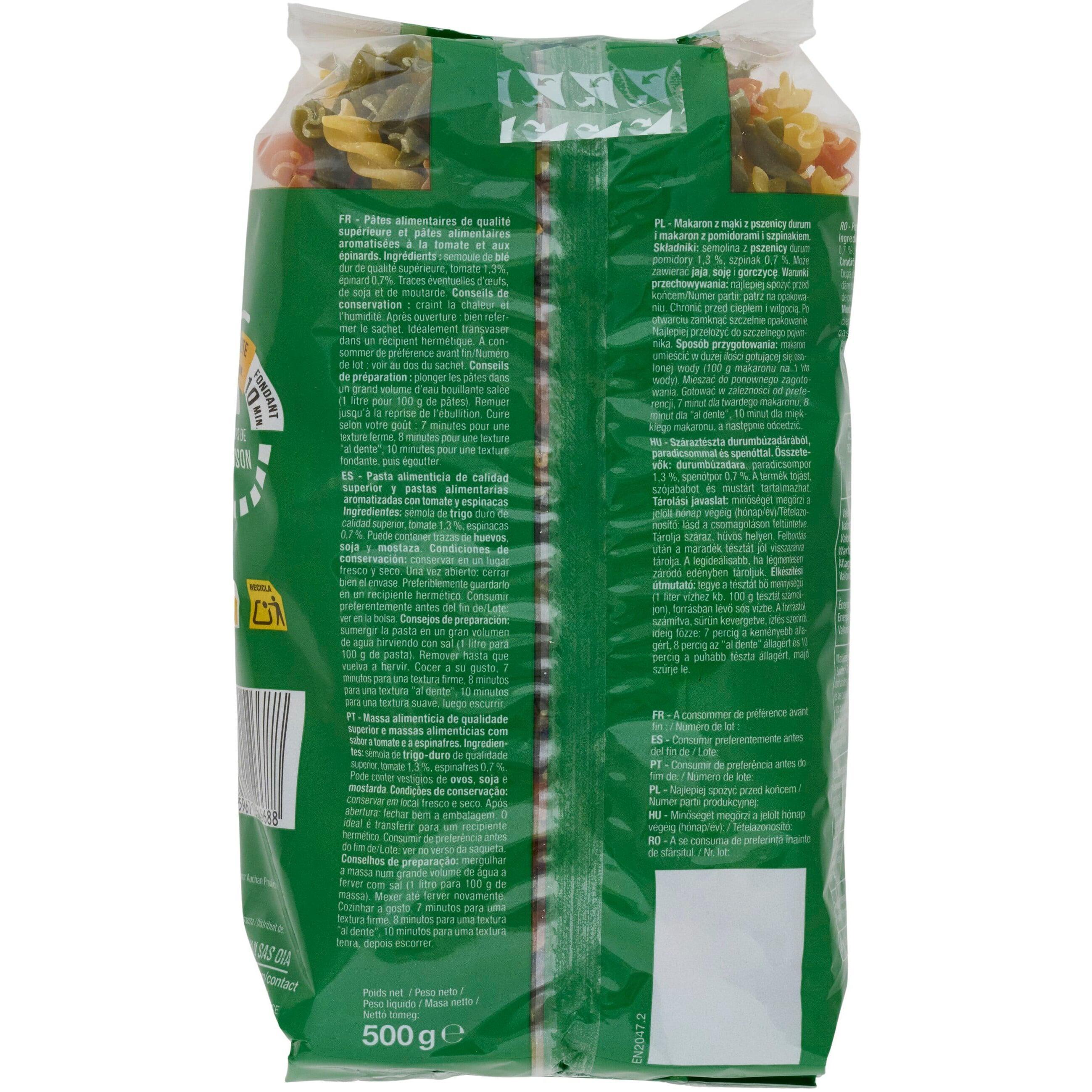 Voir la diapositive 2 : AUCHAN Fusilli tricolores 500g