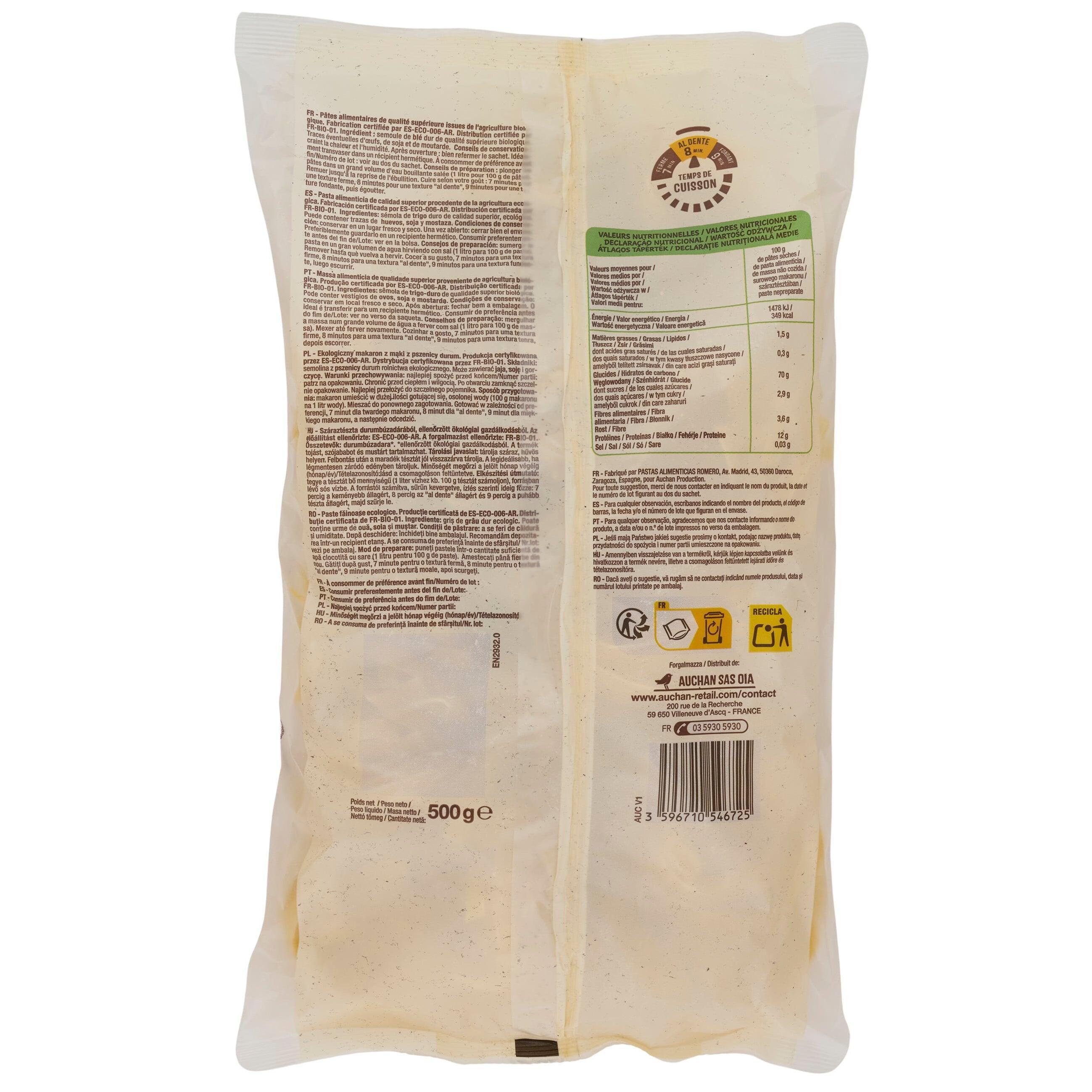 Voir la diapositive 2 : AUCHAN BIO Tagliatelle bio 500g