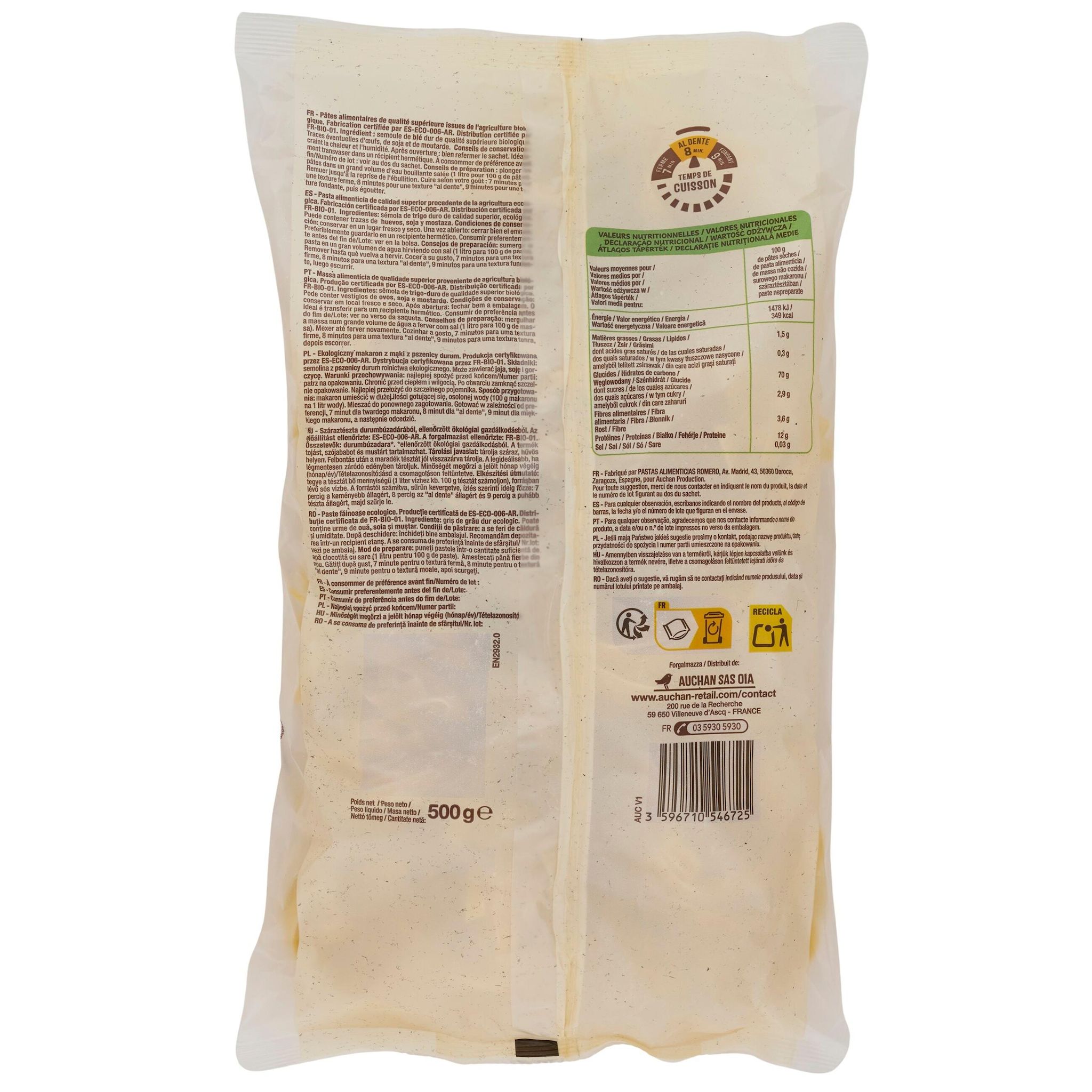 Voir la diapositive 2 : AUCHAN BIO Tagliatelle bio 500g