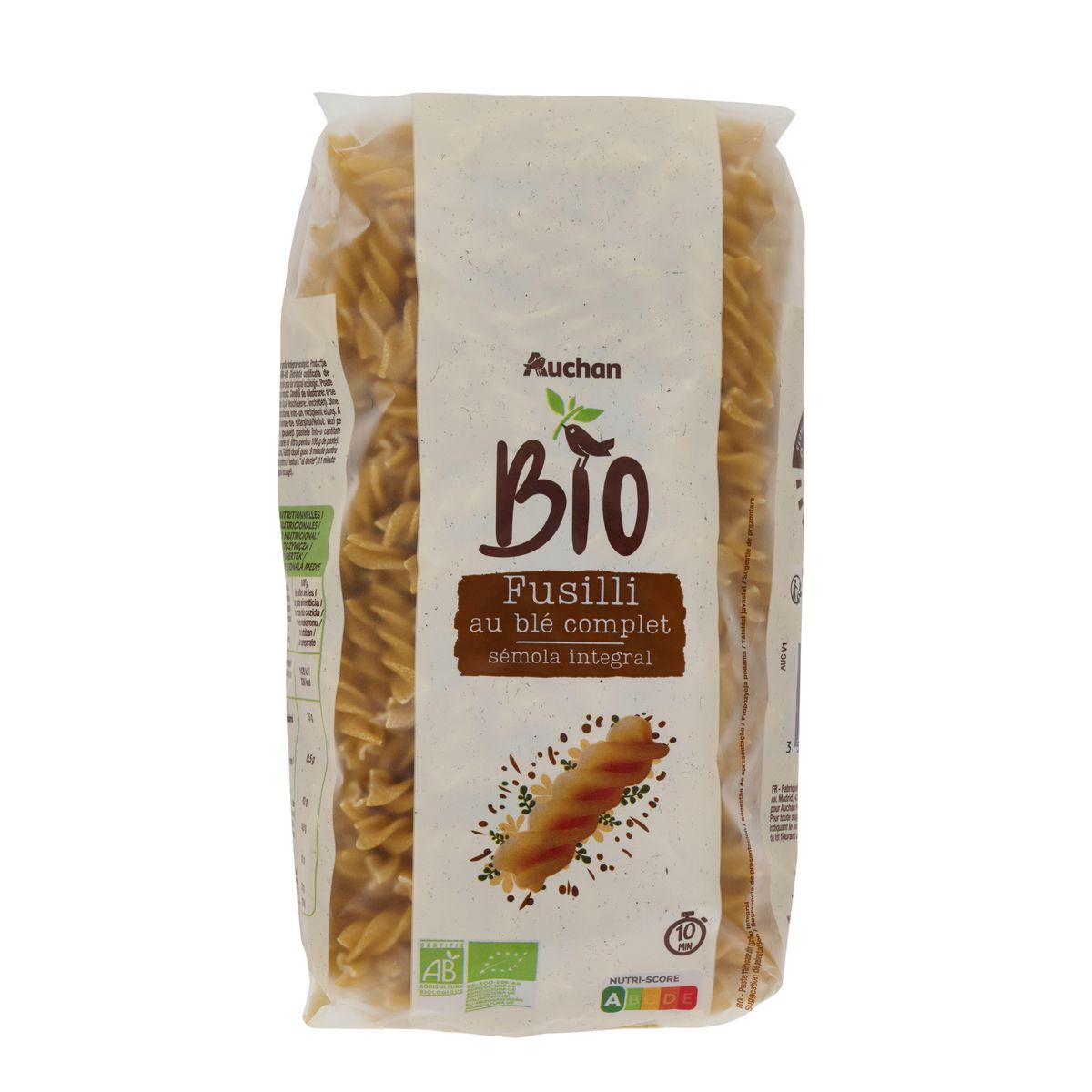 AUCHAN BIO Fusilli intégrales au blé complet bio 500g