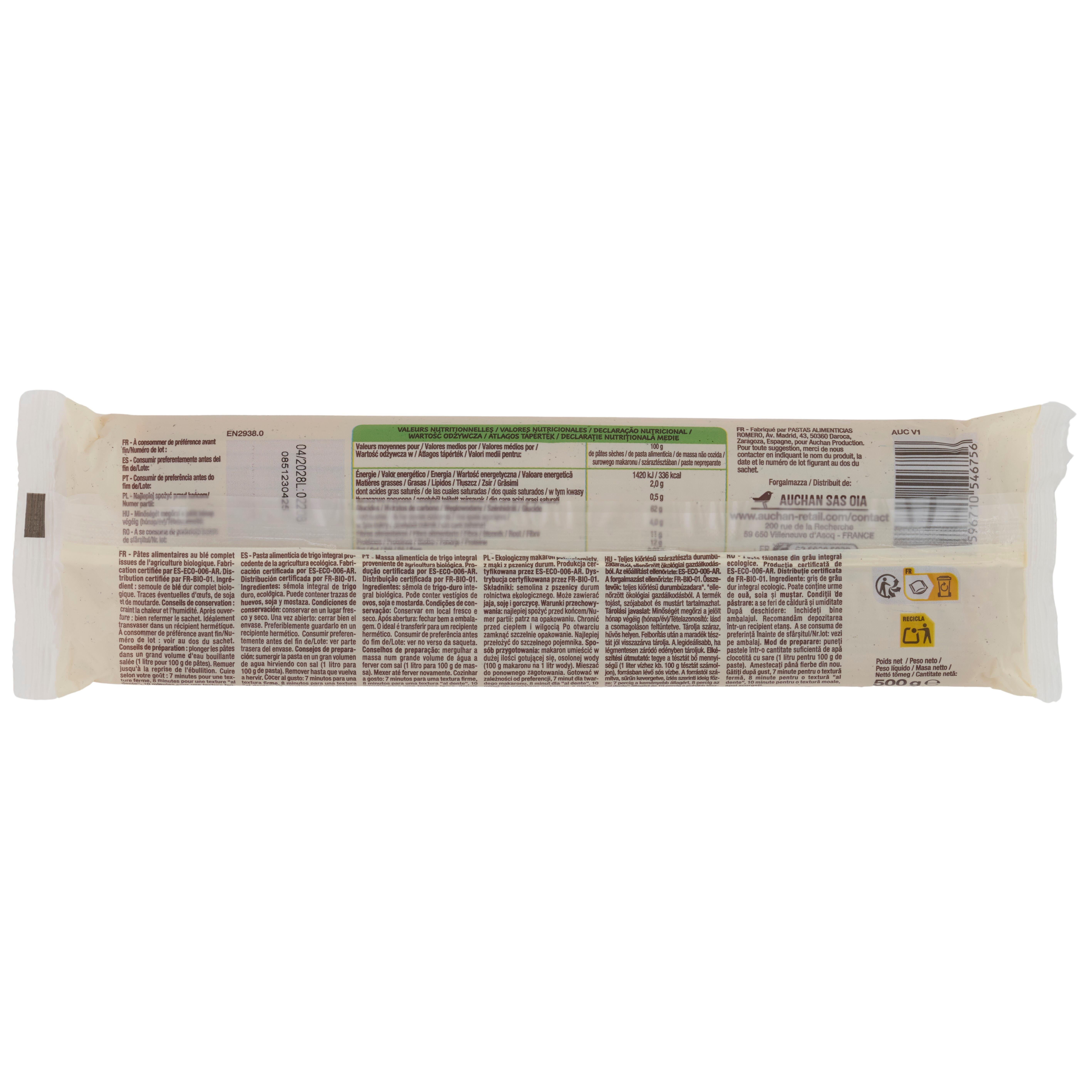 Voir la diapositive 2 : AUCHAN BIO Spaghetti au blé complet bio 500g