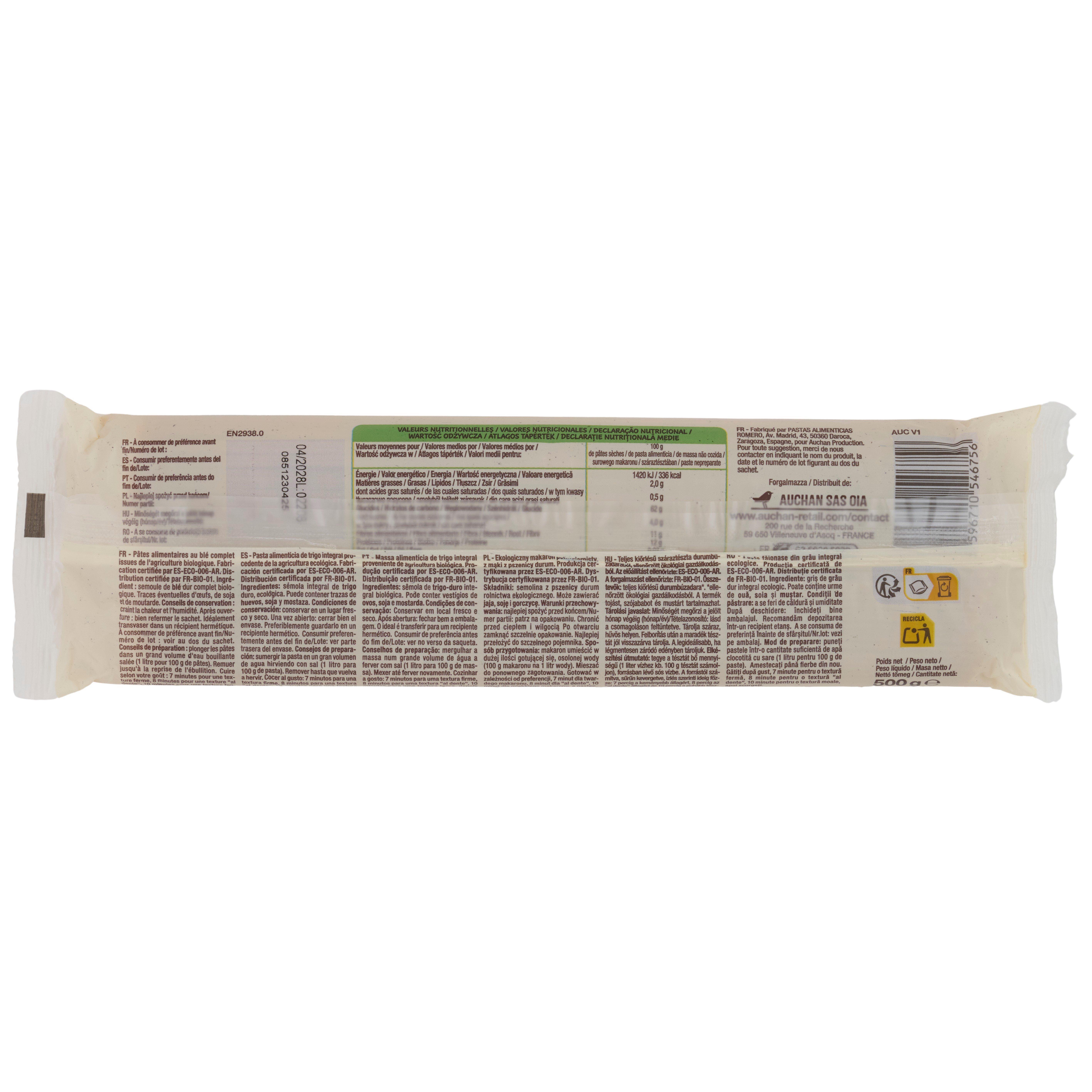 Voir la diapositive 3 : AUCHAN BIO Spaghetti au blé complet bio 500g