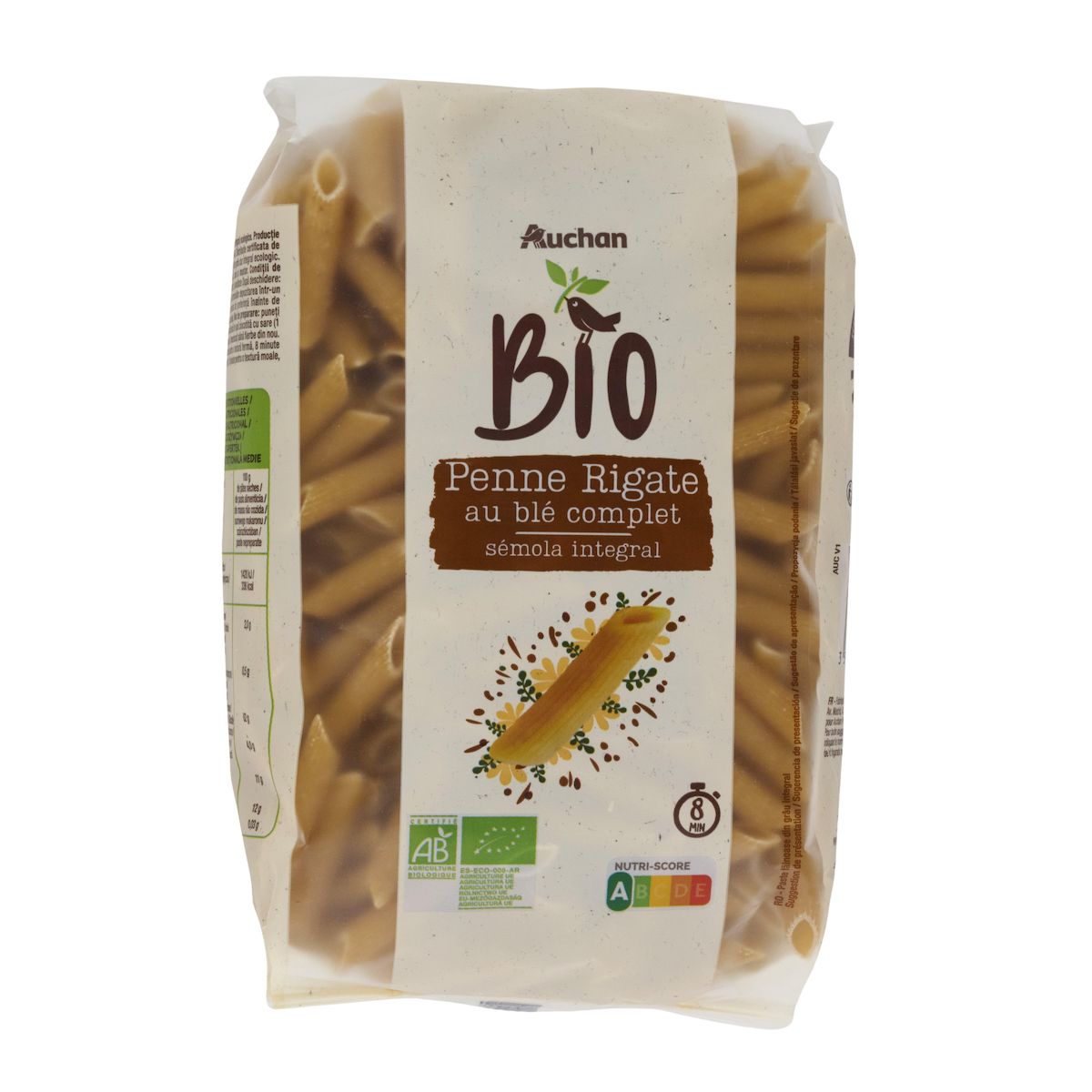 AUCHAN BIO Penne rigate intégrales au blé complet 500g
